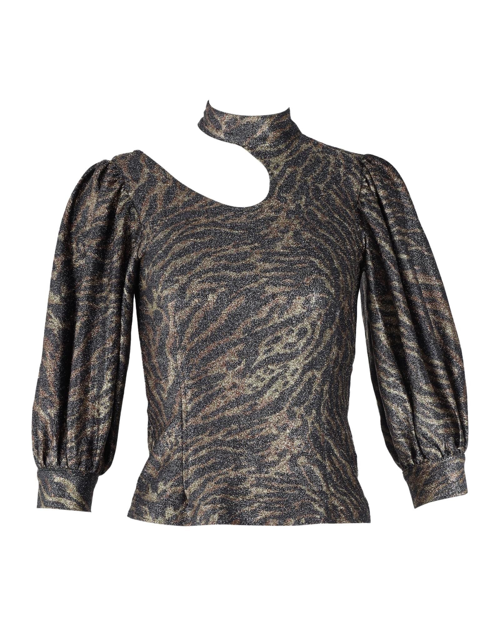 image of Ganni Tiger-Print Cutout Blouse In Gold Polyester, Women's (Size XS)