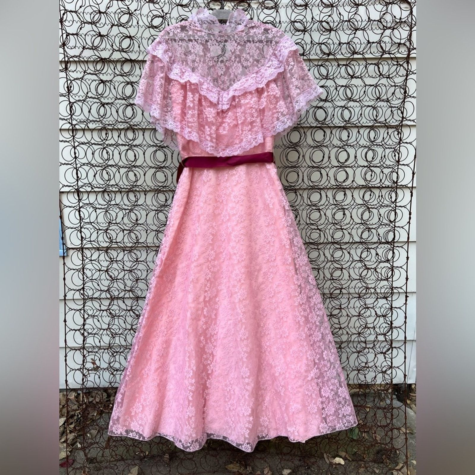 VTG 70s JCPenney pink lace high illusion neck prairie dress
