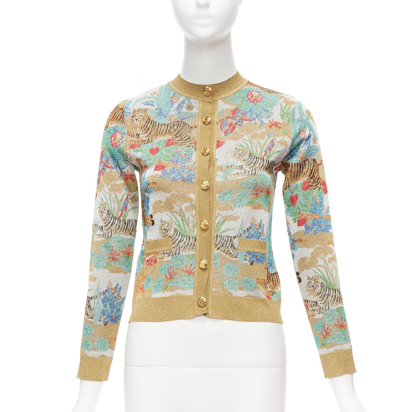 image of Gucci Limited Oriental Tiger Metallic Gold Lurex GG Button Cardigan Xxs, Women's