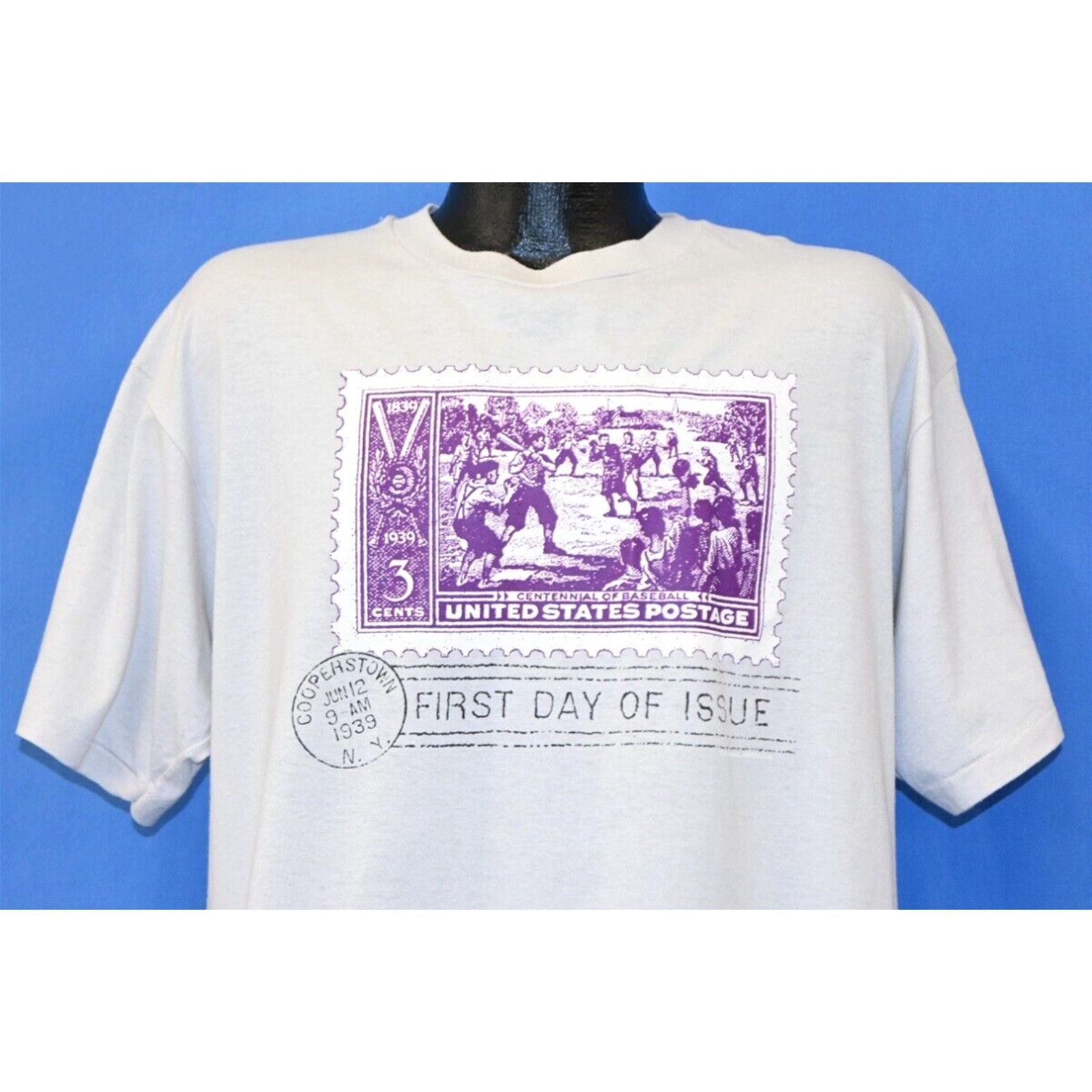 image of Hanes VTG 80's Cooperstown Ny Centennial Baseball Hall Of Fame Postage Stamp T-Shirt XL in White