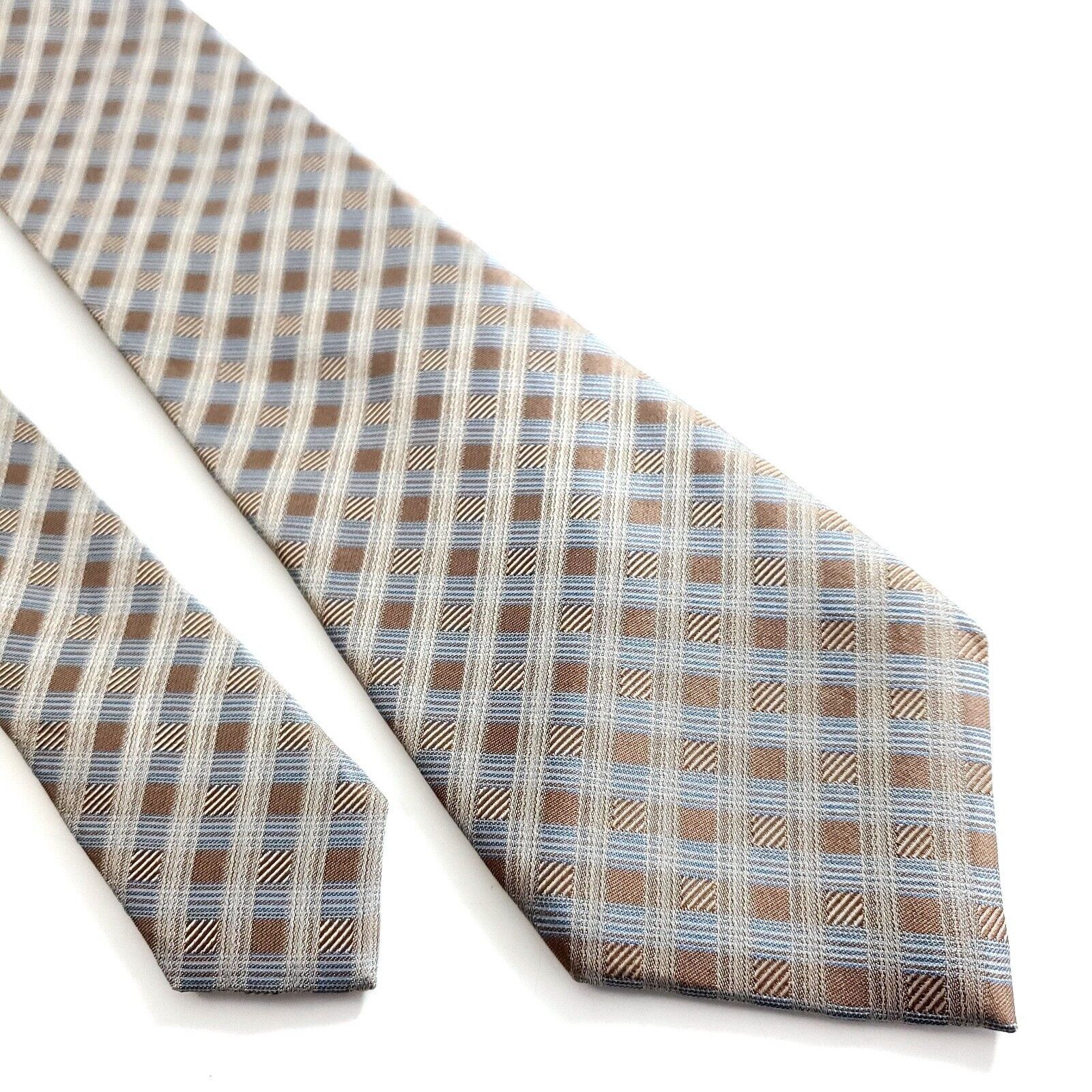 Calvin Klein Calvin Klein Brown Blue Plaid Woven Silk Tie Size ONE SIZE - 1 Thumbnail