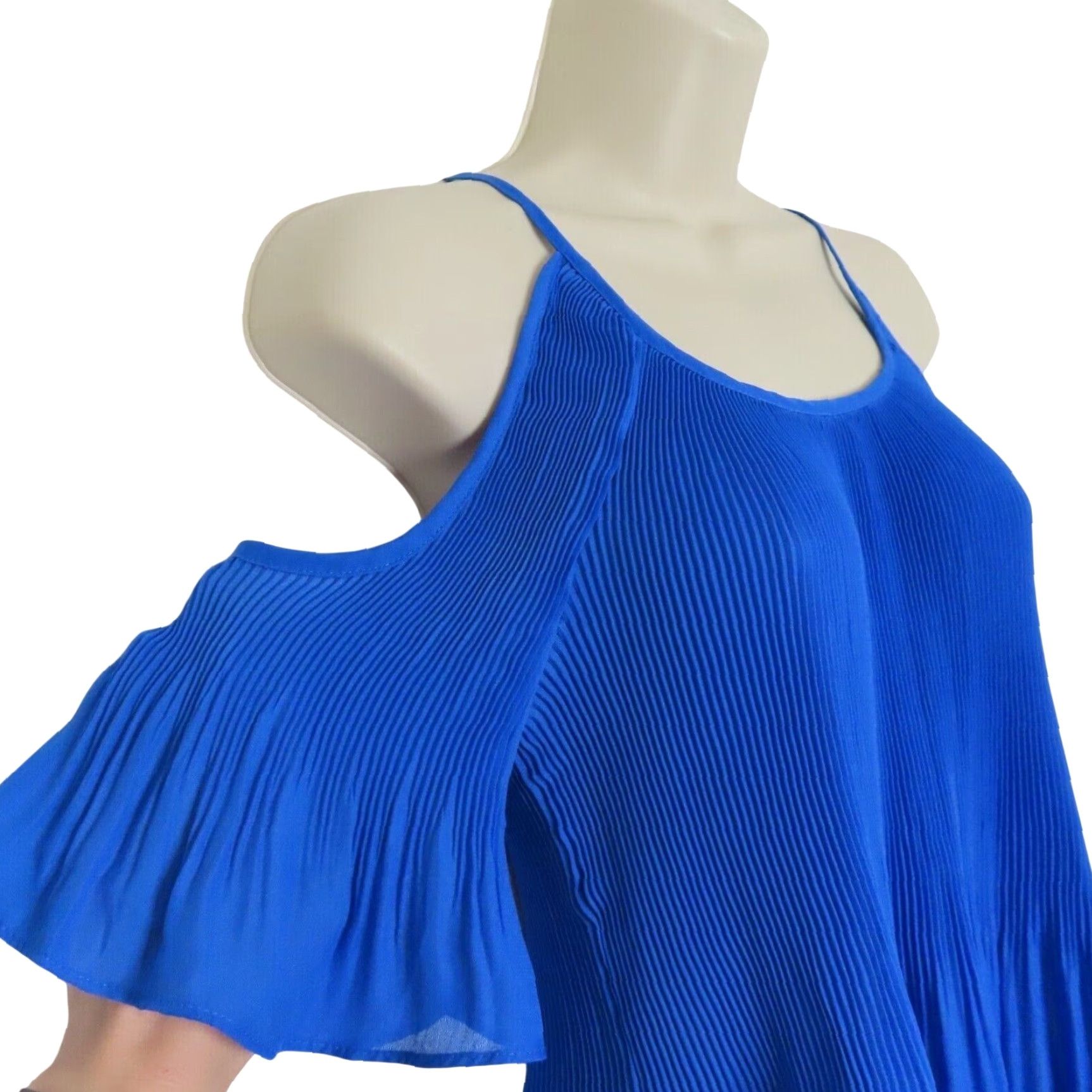 Vintage Spense Womens Medium Solid Blue Pleated Cold Shoulder Hi Low Blouse Shirt Work Size M / US 6-8 / IT 42-44 - 2 Thumbnail