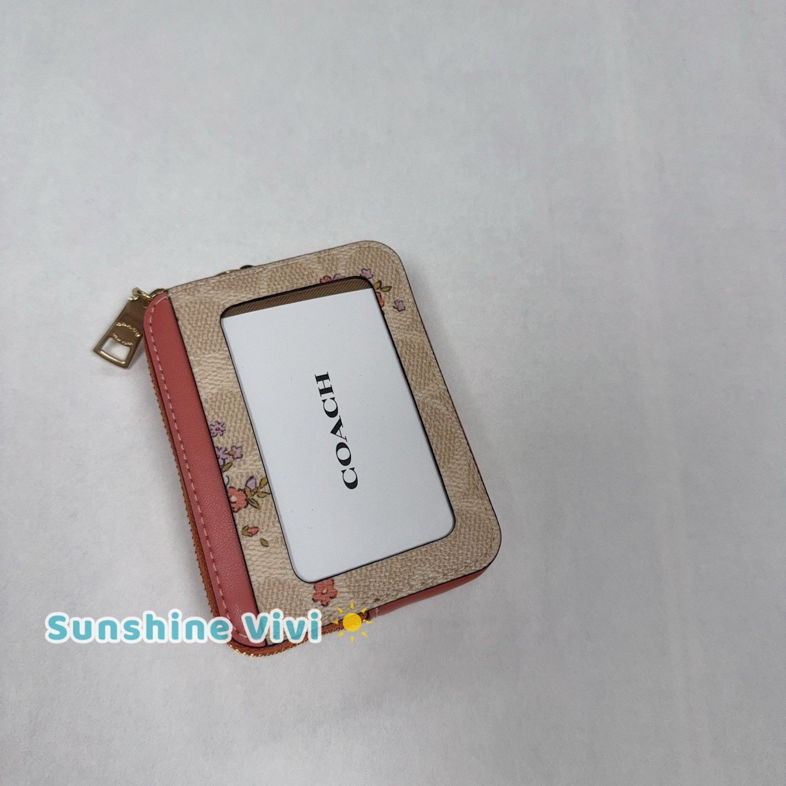 Coach NWT Coach Zip Card Case With Floral Print CAU45 Gold/Sand Size ONE SIZE - 3 Thumbnail