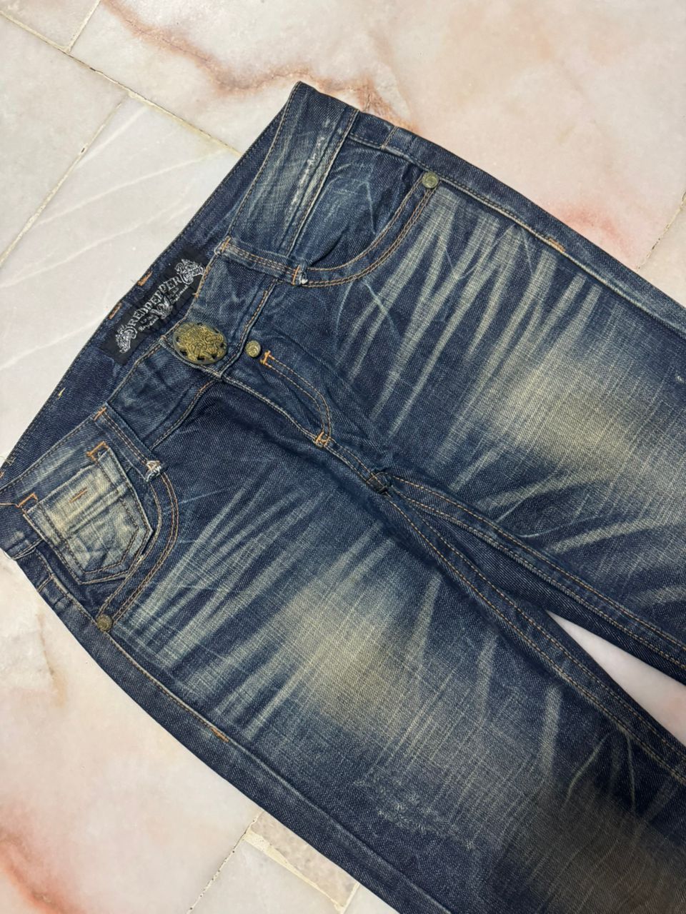 Japanese Brand 💥Insane Flared Red Pepper Butterfly Embroidery Mudwash Jeans Size US 30 / EU 46 - 6 Thumbnail