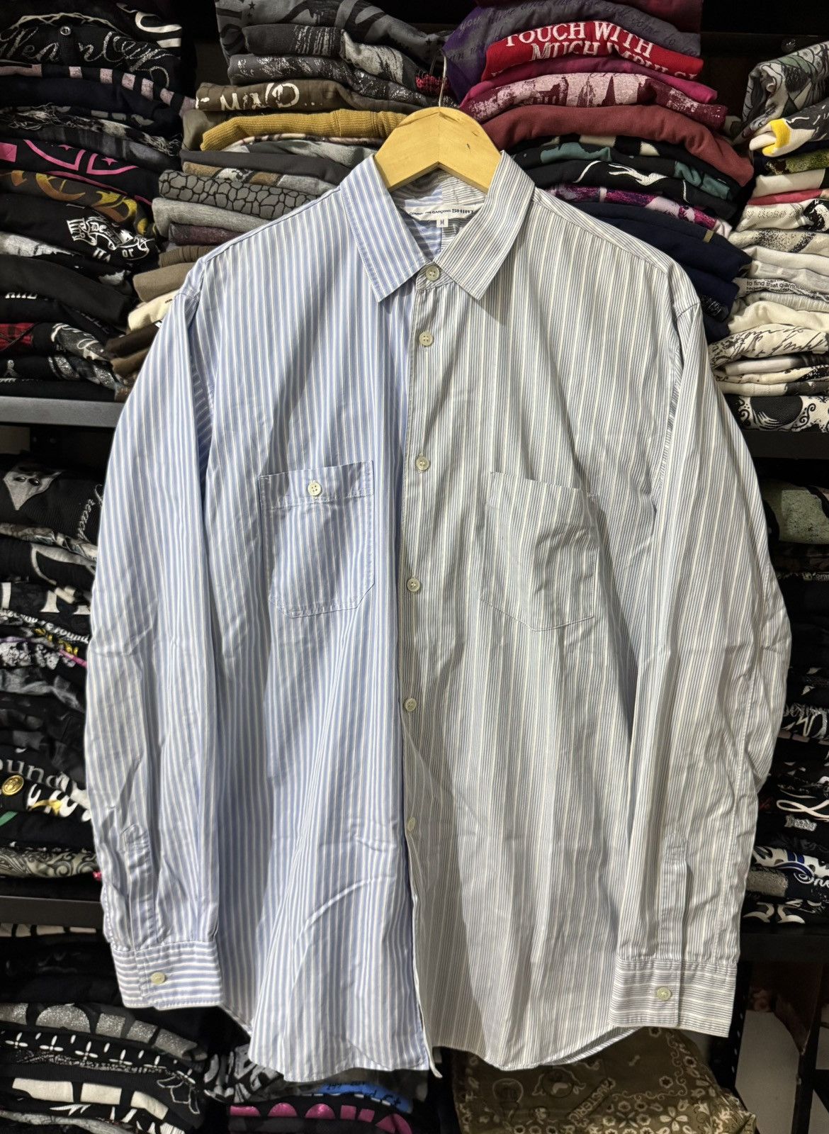 Comme des Garcons COMME des GARCONS BLUE AND GREY STRIPED TWEED PACTH SHIRT Size US M / EU 48-50 / 2 - 1 Thumbnail