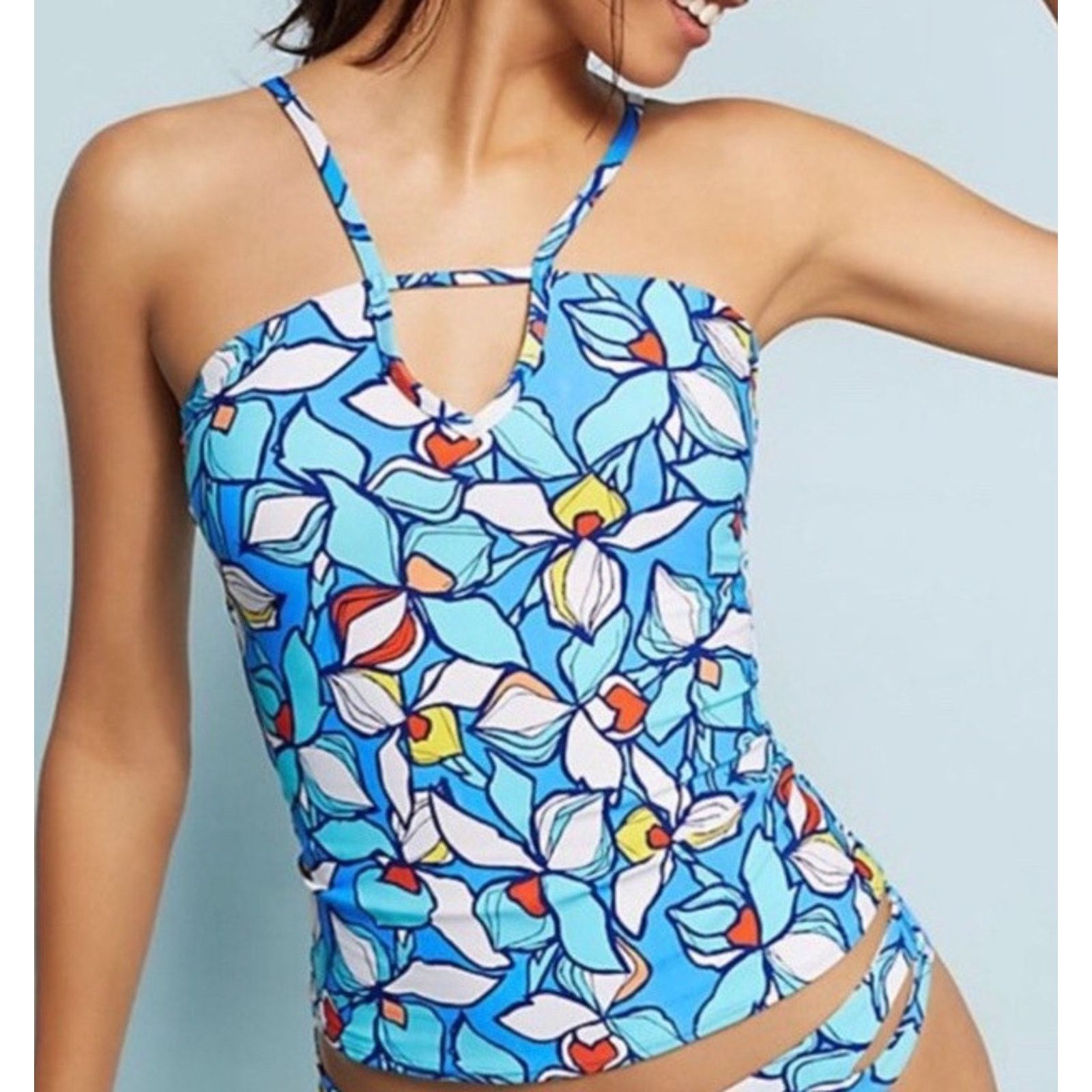 Anthropologie Anthropologie Tankini Swim Allihop Blue Floral V Strap Sz S Size ONE SIZE - 3 Thumbnail