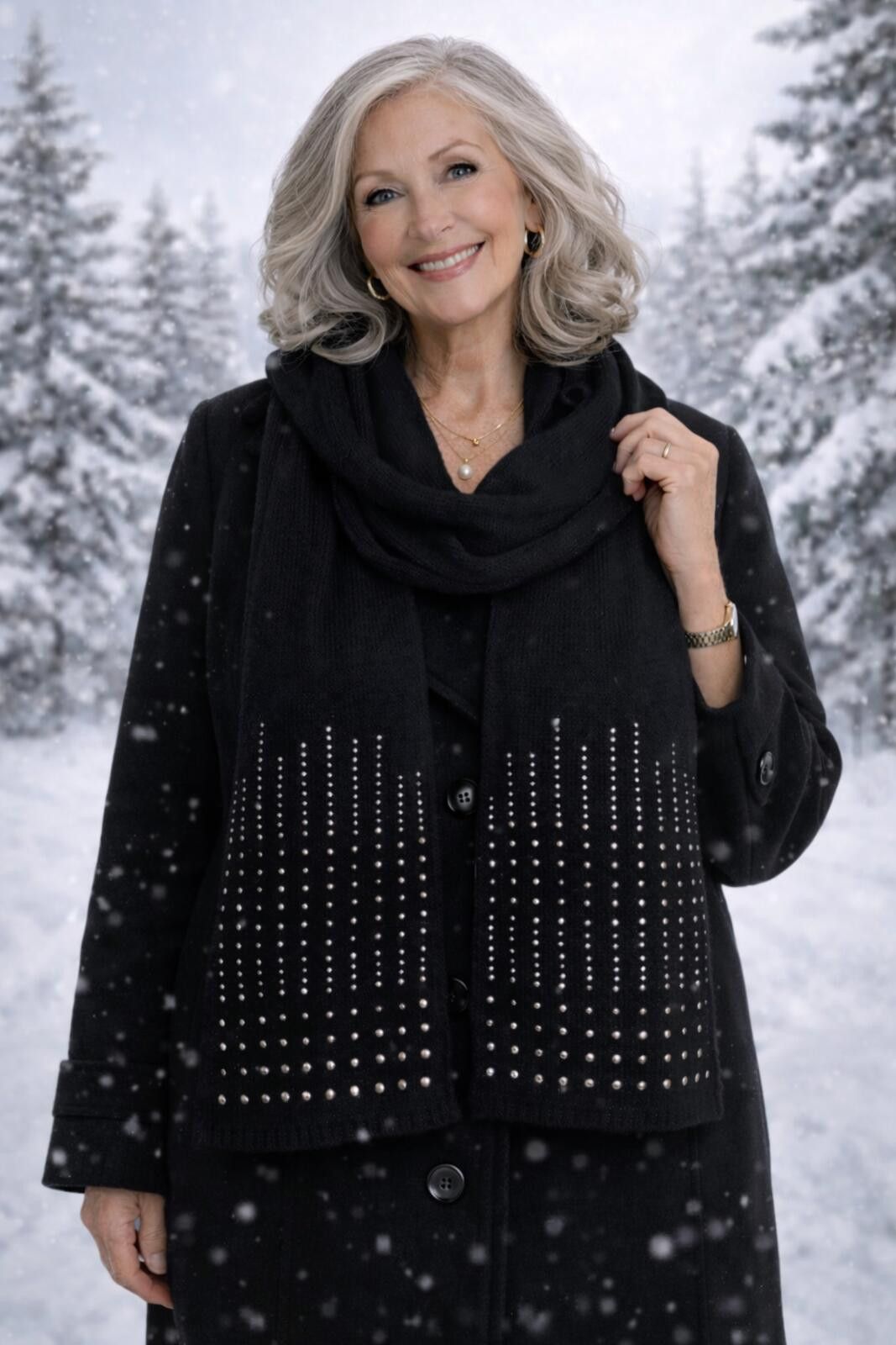 George George Black Knit Scarf with Silver Studded Detail One Size Size ONE SIZE - 1 Thumbnail