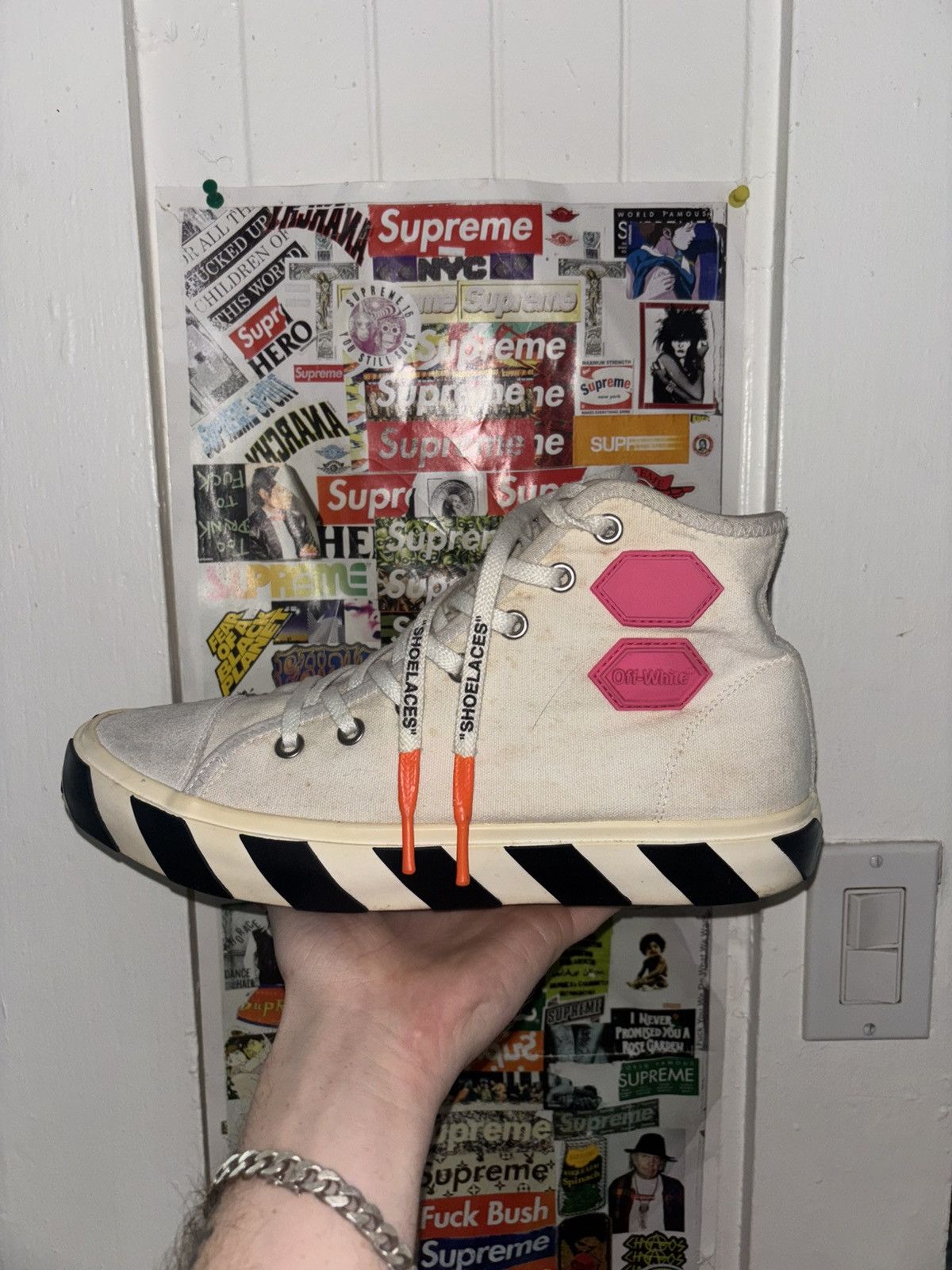 Off-White Off White Vulcanized high top “striped” Canvas Sneakers Size US 10.5 / EU 43-44 - 1 Thumbnail