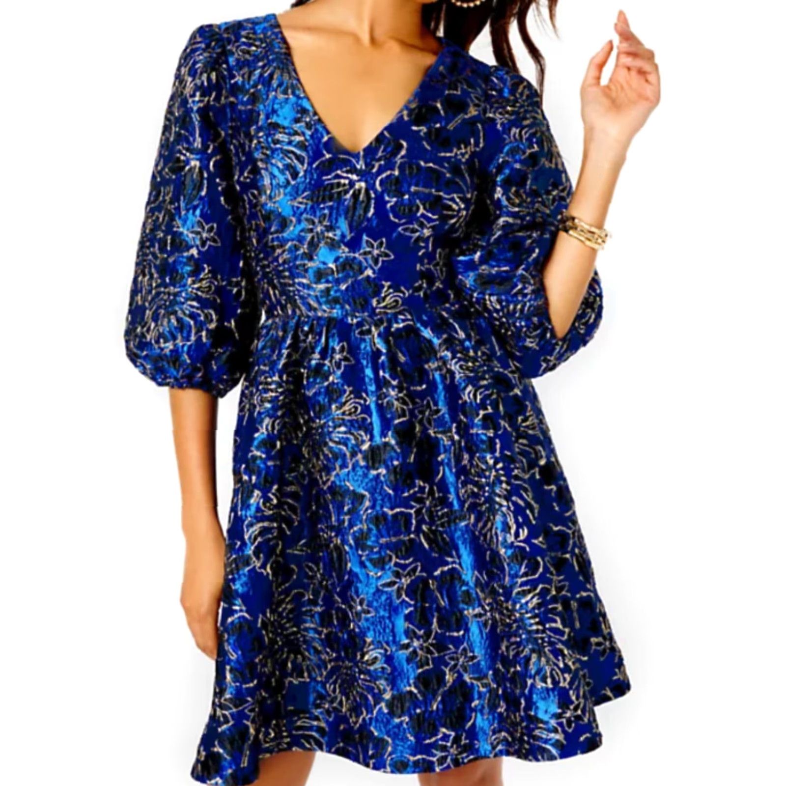 Lilly Pulitzer VINTAGE not applicable; proceed with Lilly Pulitzer Dress Women 8 Calyssa Blue Grotto Twilight Floral Brocade NEW Size M / US 6-8 / IT 42-44 - 2 Thumbnail
