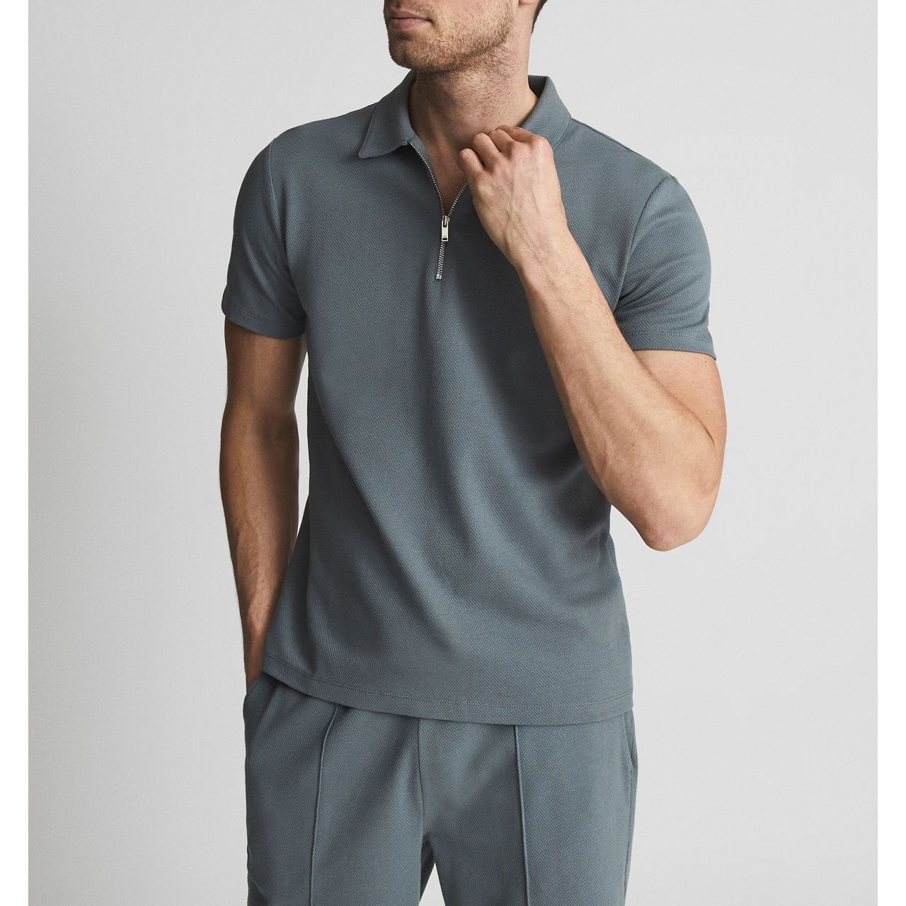 REISS Billy Textured Zip Polo Classic Gray Short Sleeve