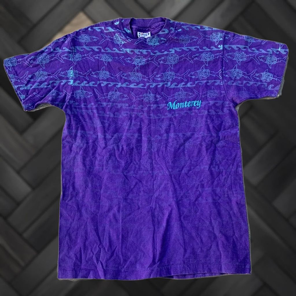 Hanes VINTAGE Monterey All Over Print Shark In Sunglasses & Shirt T-Shirt 80s 90s L Mens Purple Graphic Tee Hanes 100% Cotton Short Sleeve Sportswear/Beach Size US L / EU 52-54 / 3 - 1 Thumbnail