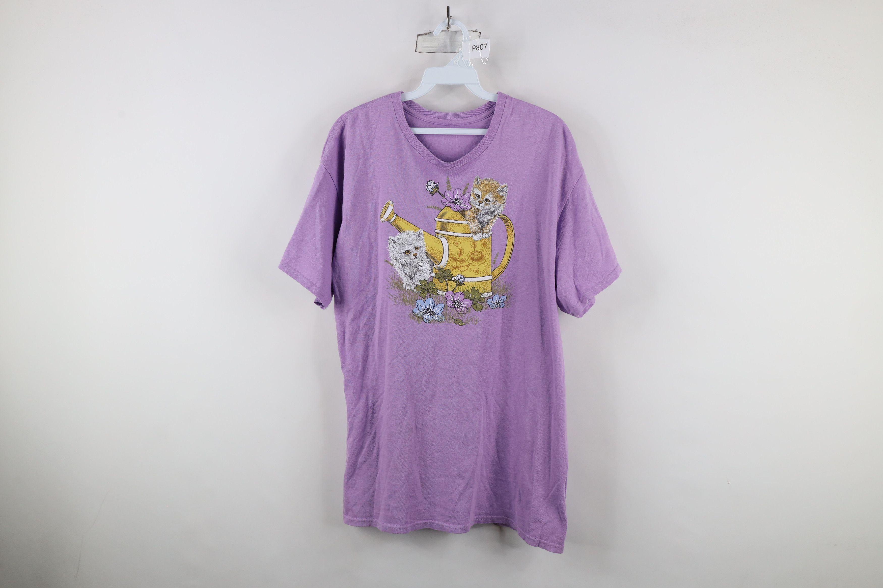 Vintage Vintage 90s Streetwear Kitten Flower Garden T-Shirt Purple Size L / US 10 / IT 46 - 1 Thumbnail
