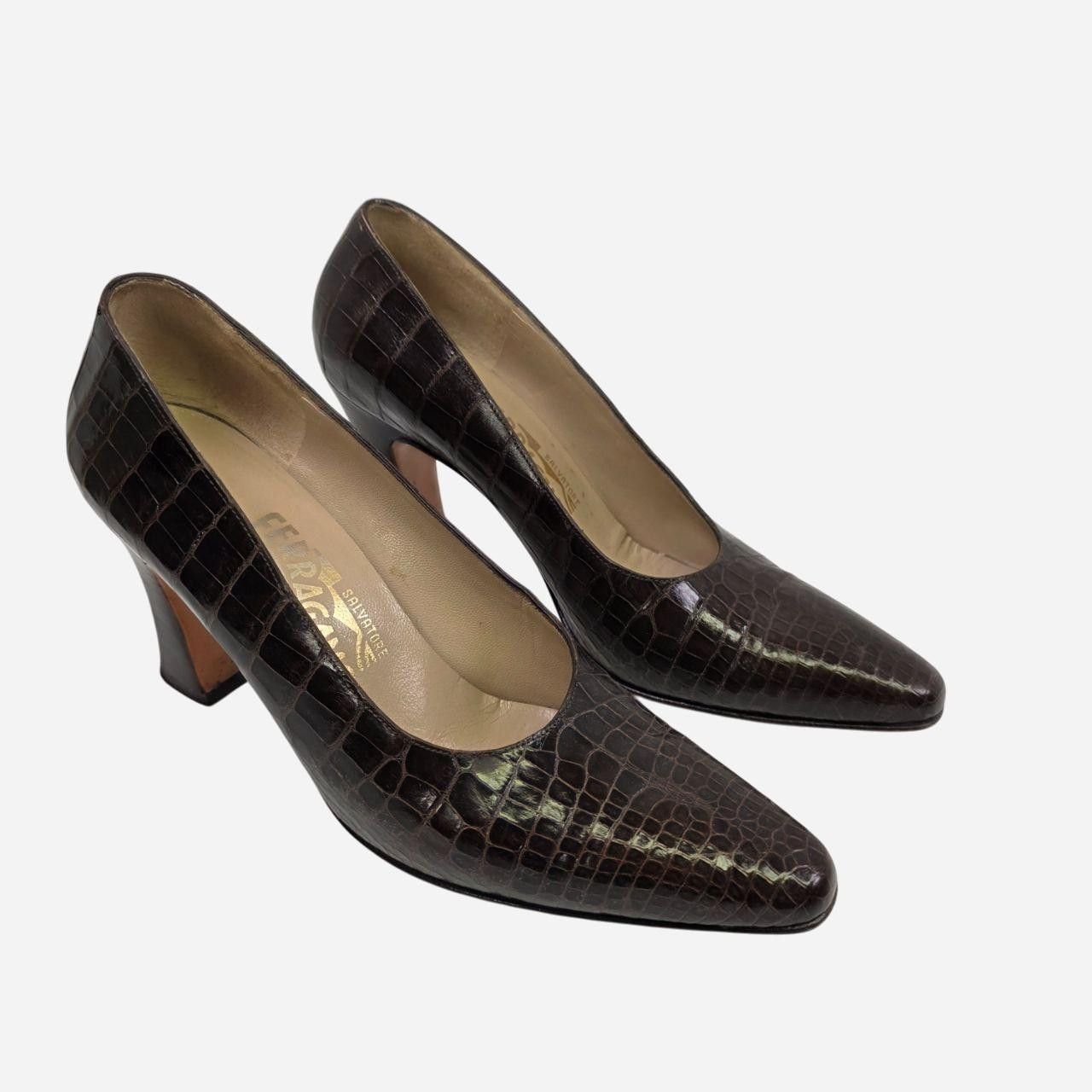 Salvatore Ferragamo Salvatore Ferragamo Dark Brown Alligator Leather Pumps Size US 6.5 / IT 36.5 - 2 Thumbnail