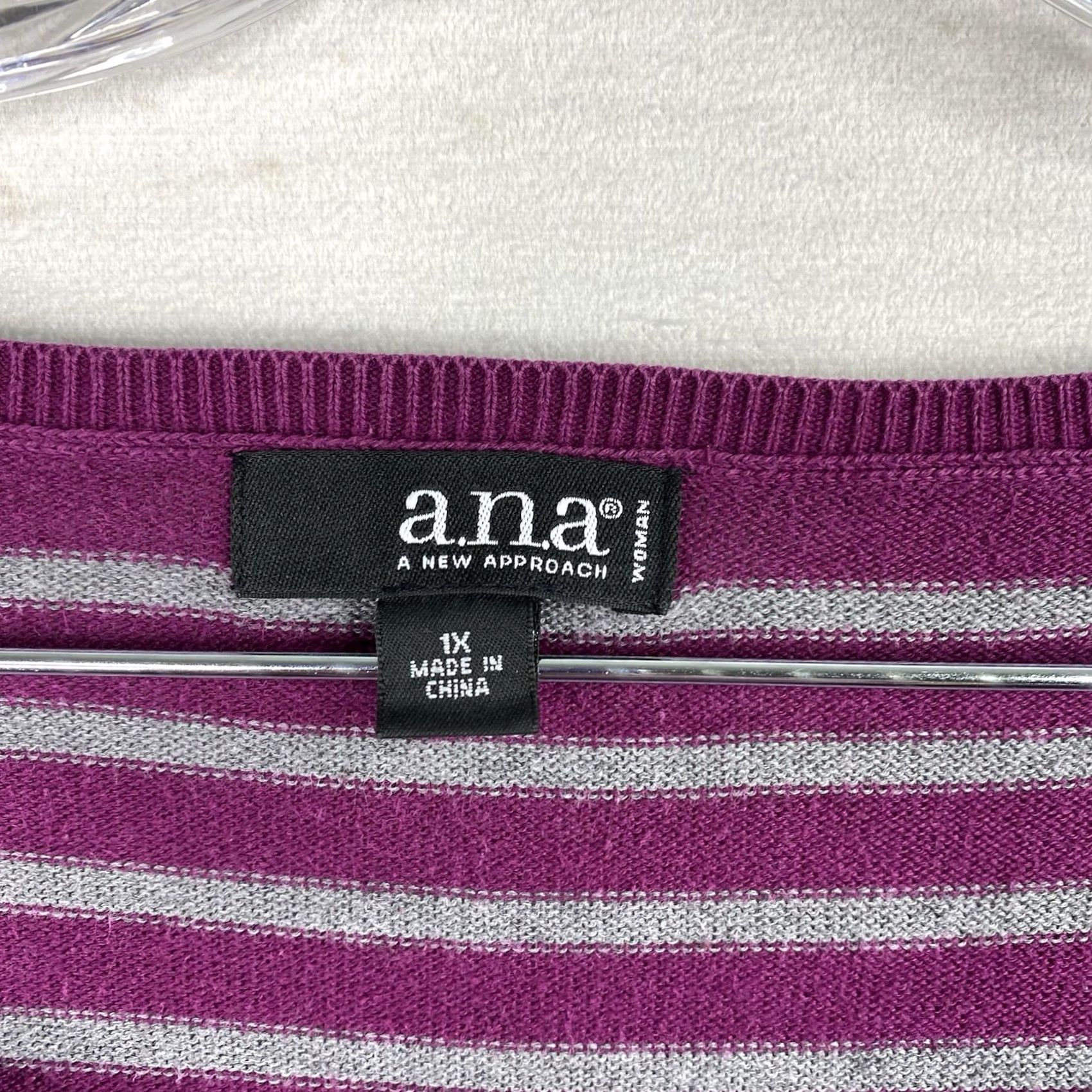 Vintage ANA a.n.a Sweater Top Womens 1X Purple Stripe Long Sleeve Pullover Blouse Size XL / US 12-14 / IT 48-50 - 3 Thumbnail