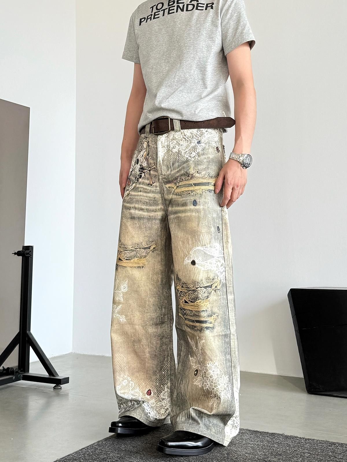 Other Painted Distressed Ripped Wide Leg Loose Jeans Size US 32 / EU 48 - 1 Thumbnail