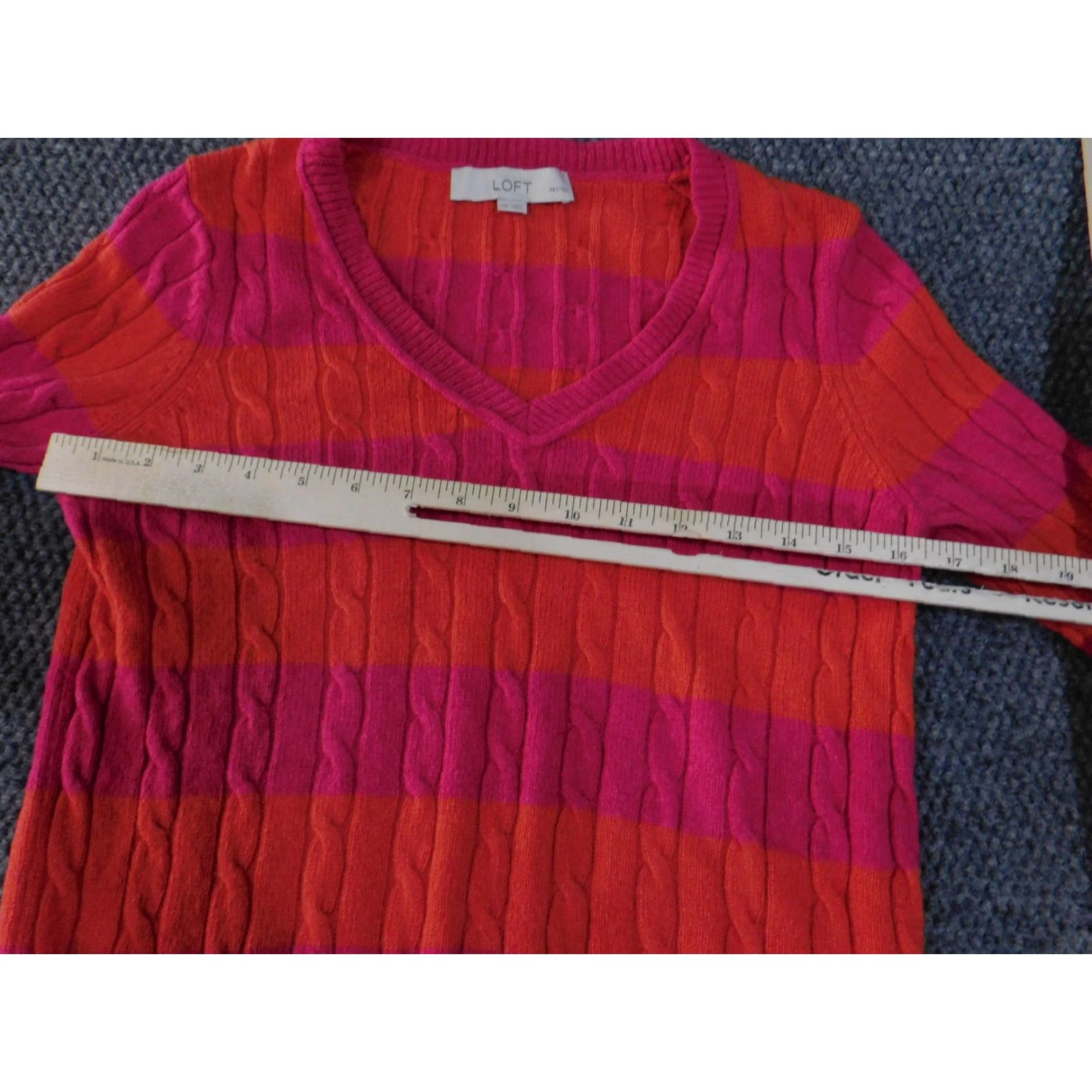 Loft LOFT Sweater Womens Petite Medium Pink Orange Stripe Cable Knit V Neck Pullover Knit Pattern Regular Size M / US 6-8 / IT 42-44 - 5 Thumbnail
