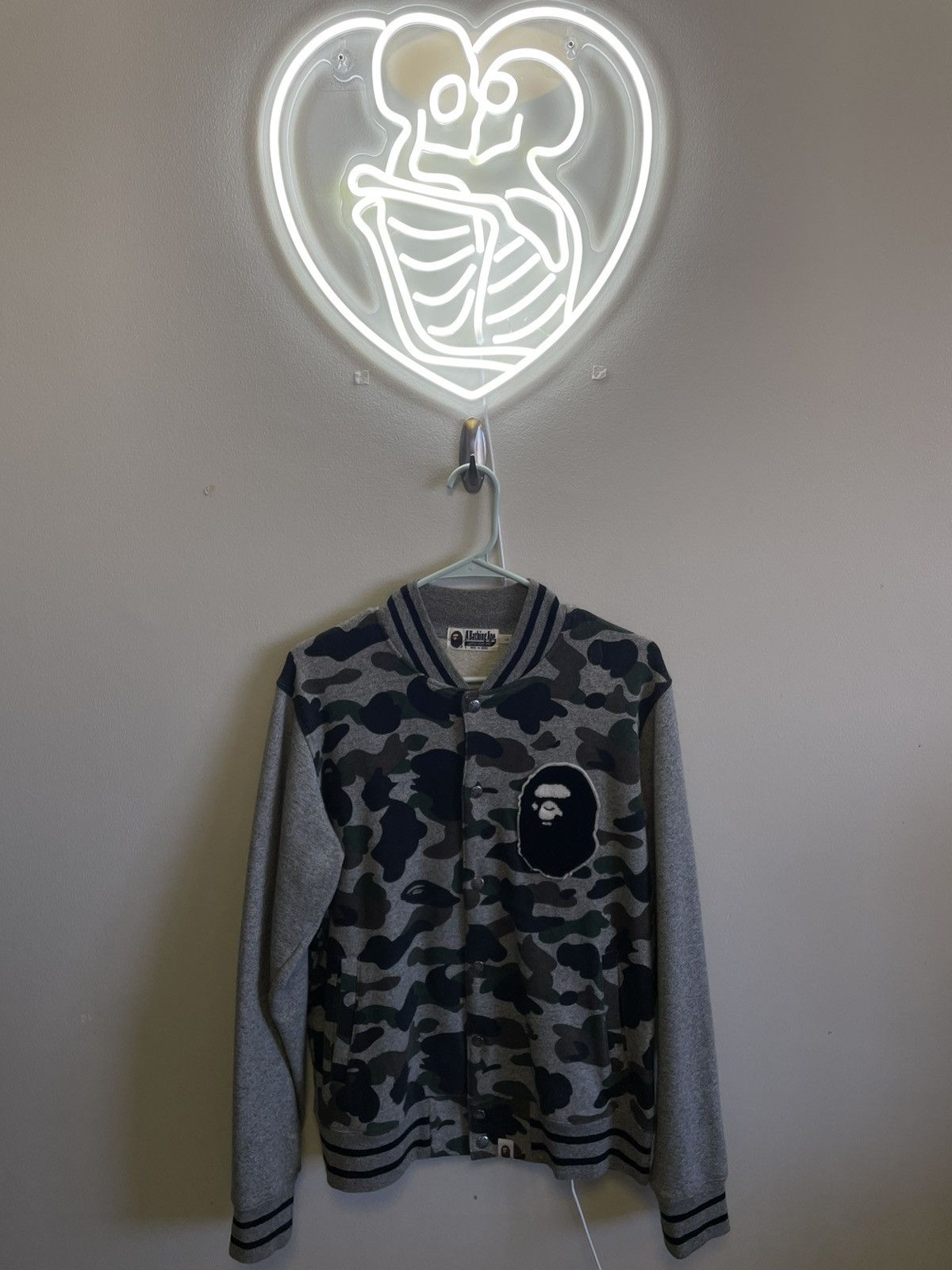 image of Bape Grey Camo Cotton Varsity Jacket, Men's (Size Large)
