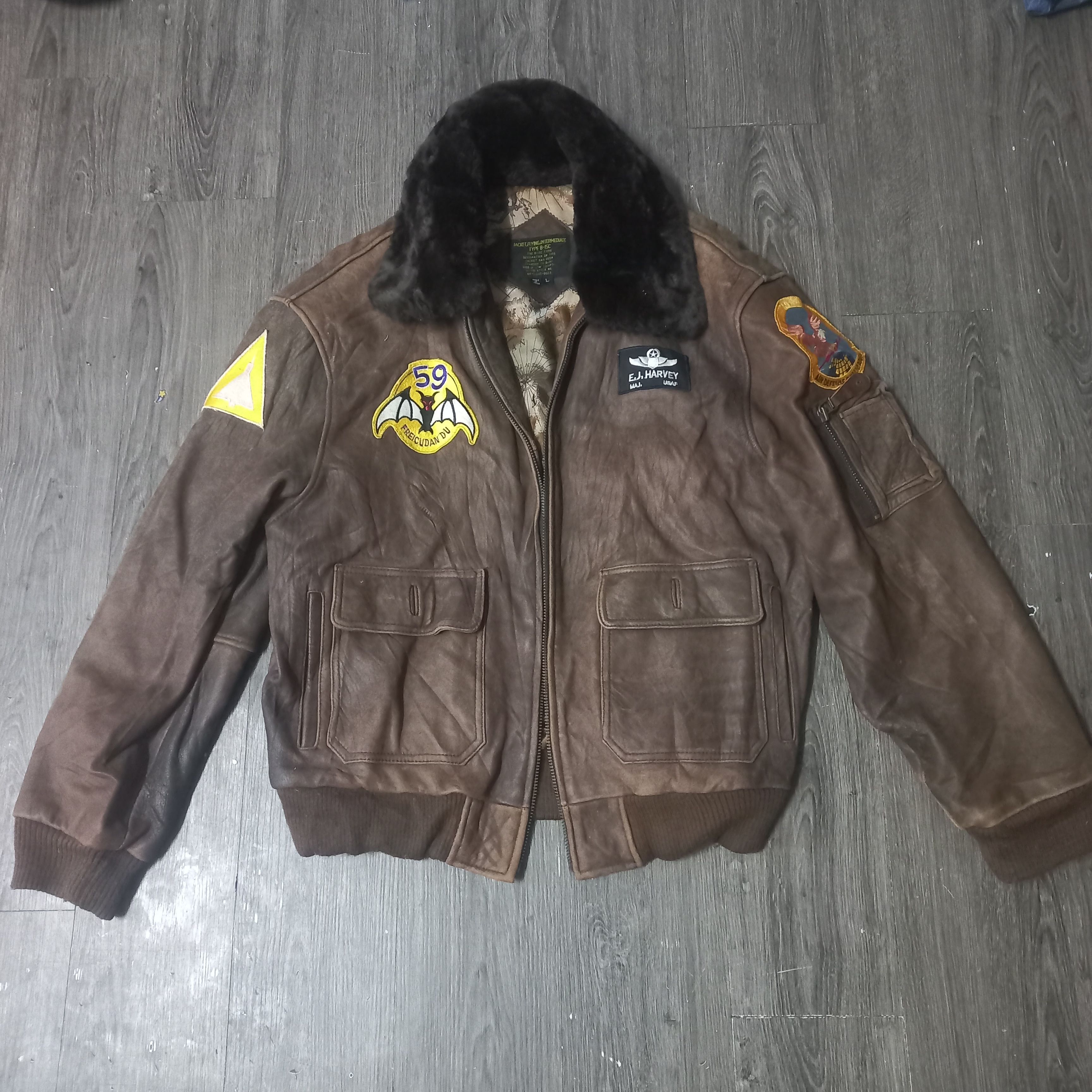 image of Vintage Bomber Leather Jacket Korean Air Force in Brown, Men's (Size Large)