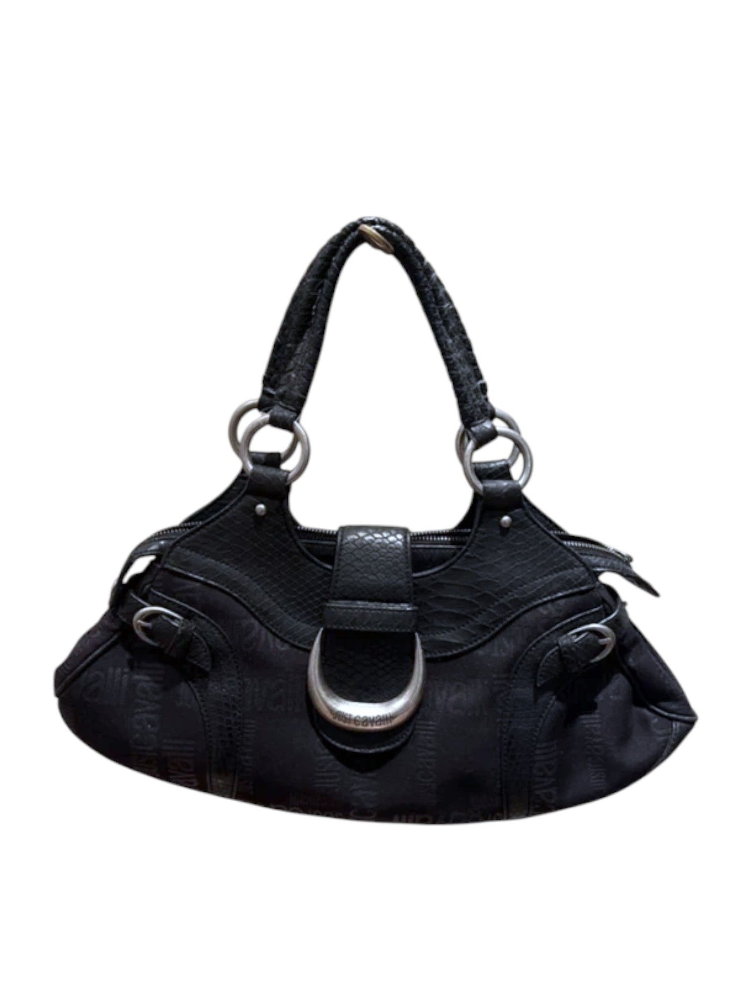 Just Cavalli Just Cavalli Black Monogram Canvas & Python Hobo Bag c.2000s Size ONE SIZE - 1 Thumbnail