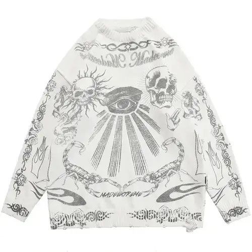 Aran Isles Knitwear Grunge y2k goth skull tribal print knit White sweater Size US M / EU 48-50 / 2 - 1 Thumbnail