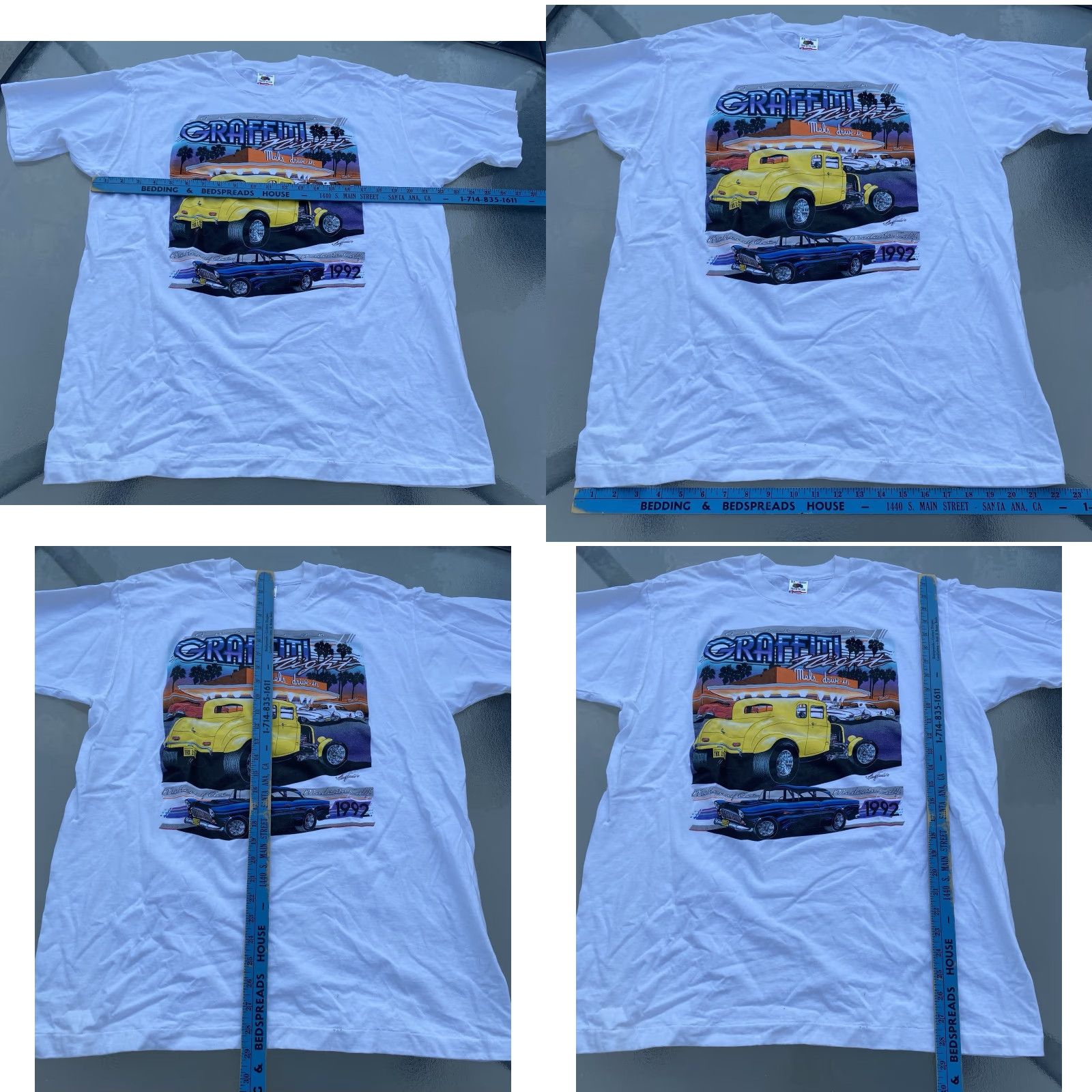 Fruit Of The Loom VINTAGE American Graffiti Night Mels Deive In Modesto 1992 T-Shirt Tee XL White USA 90s Cars City Thread: Fruit of the Loom Men T-Shirt Size US XL / EU 56 / 4 - 11 Thumbnail