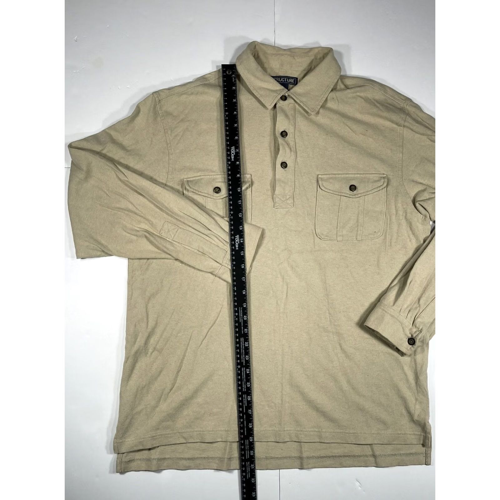 Vintage Structure Mens Long Sleeve Polo Shirt L Beige Collared Button 100% Cotton Size US L / EU 52-54 / 3 - 2 Thumbnail