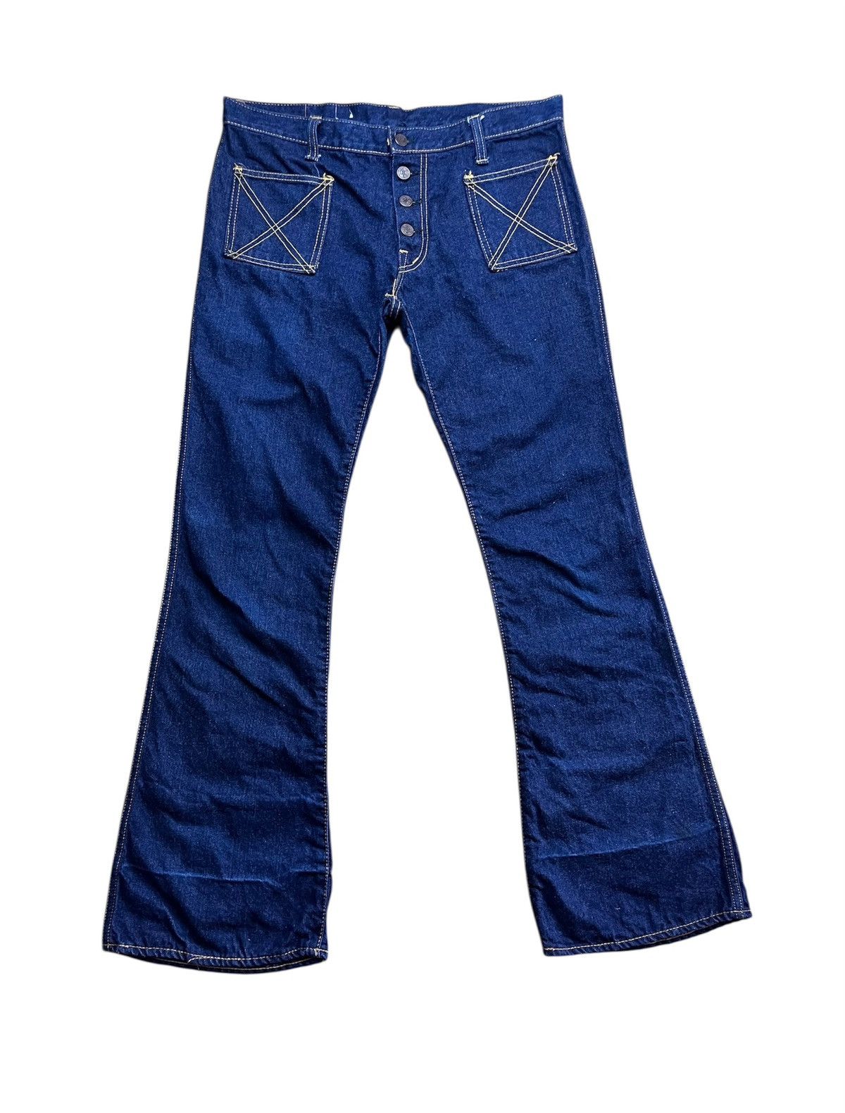 14th Addiction Rare 🗣️Vintage 70s Blue Born flare jeans fabric not rick owen Size US 33 - 1 Thumbnail