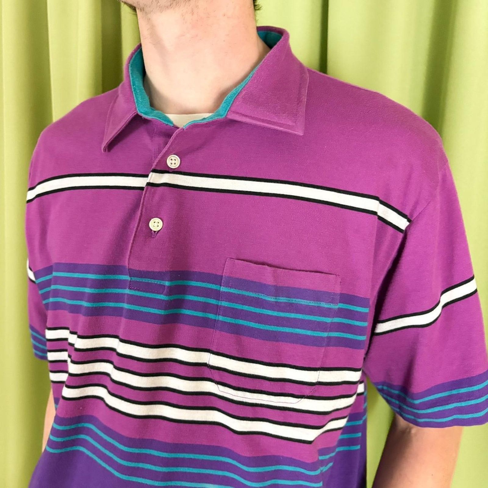 Vintage 80s Vintage Purple and Blue Horizontal Striped Polo Shirt Size US L / EU 52-54 / 3 - 2 Thumbnail