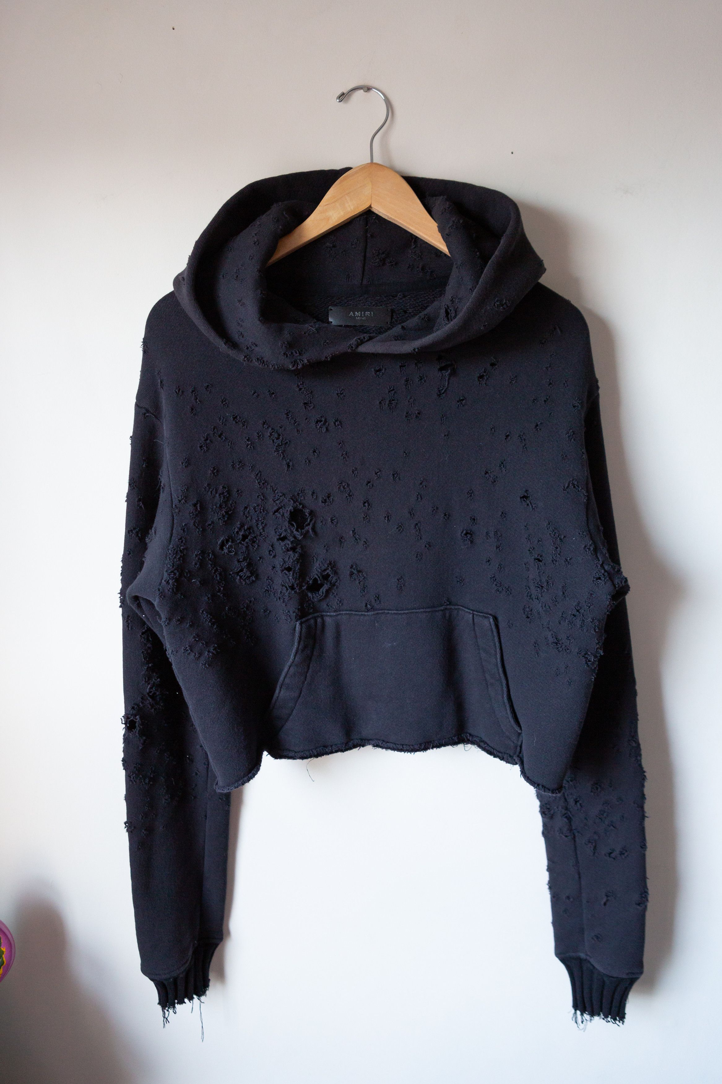 Image of Amiri Shotgun Crop Hoodie Destroyed Xs in Black, Men's