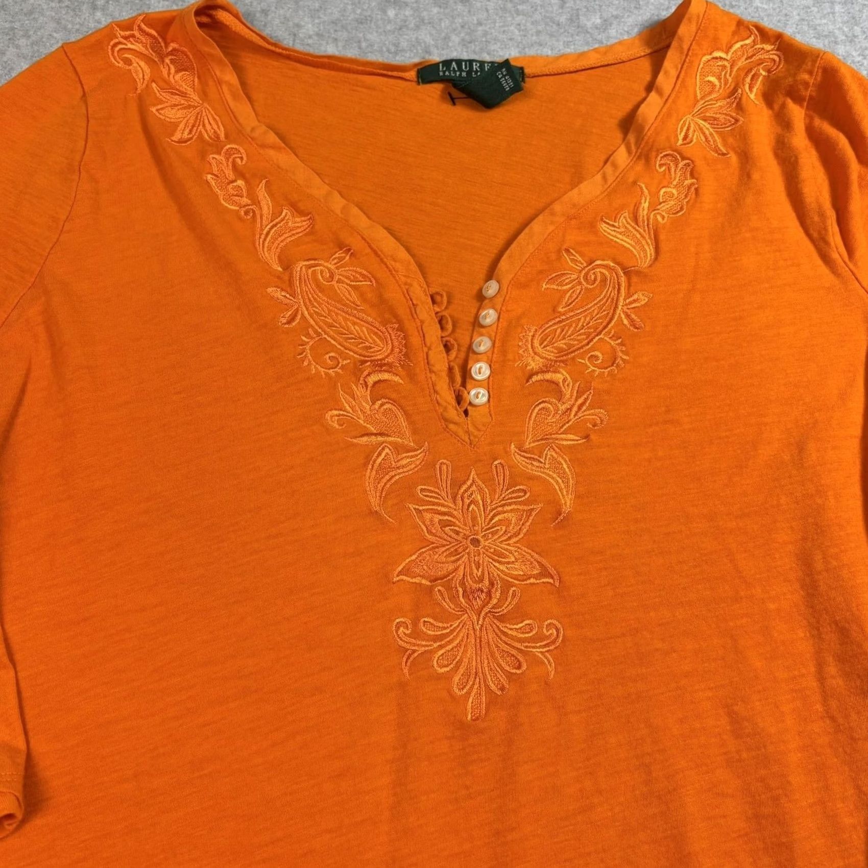 Ralph Lauren Lauren Ralph Lauren Shirt Womens XL Orange Embroidered Boho 3/4 Sleeve Button Tunic Top Blouse Size XL / US 12-14 / IT 48-50 - 6 Thumbnail