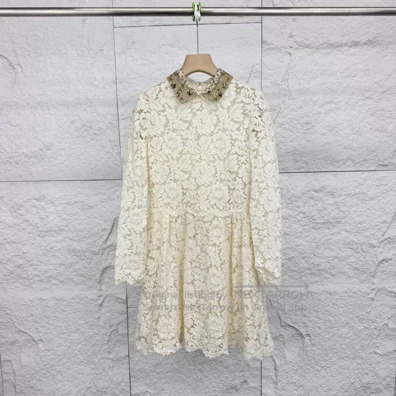 Valentino Beige lace lapel long-sleeved dress