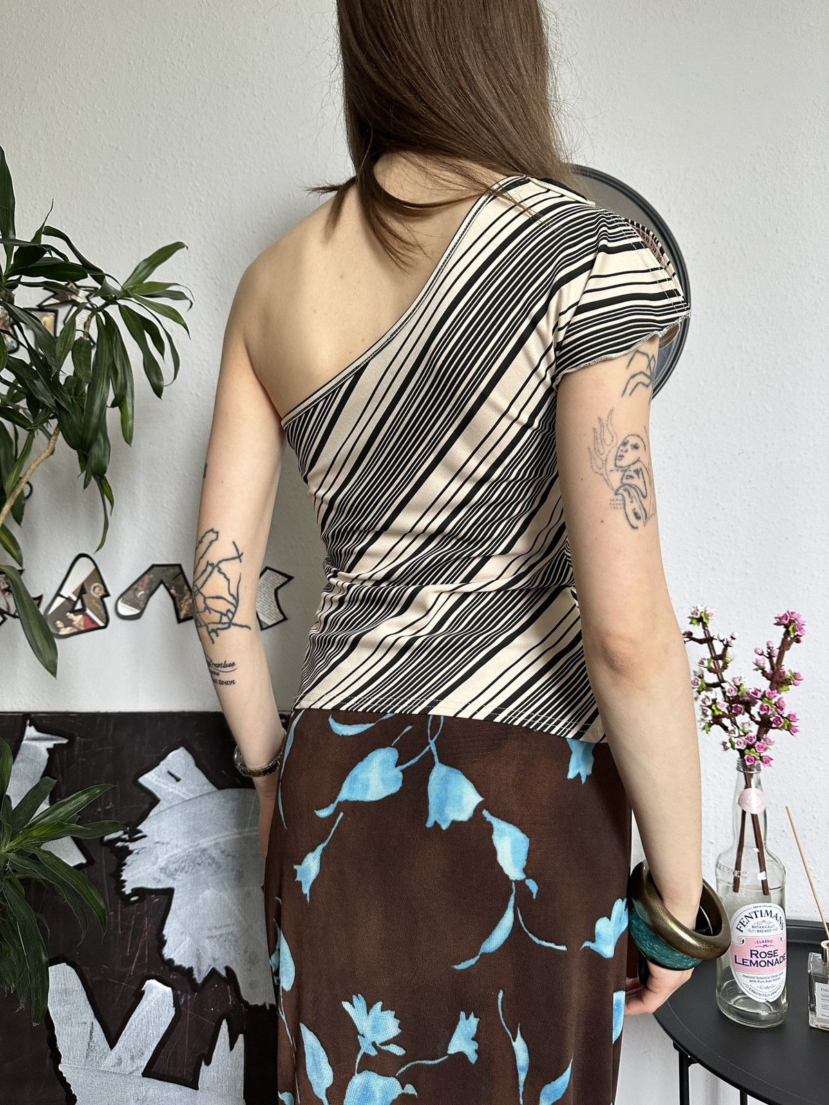 Vintage Asymmetrical One Shoulder Striped Slim Trending Top Size L / US 10 / IT 46 - 5 Thumbnail