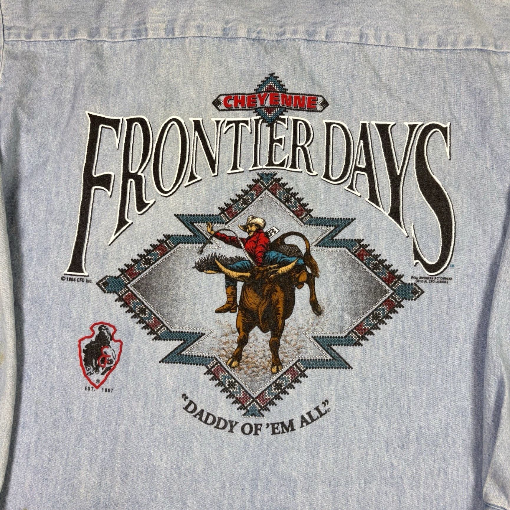 Denime VINTAGE Real American Actionwear Denim Shirt 1994 Cowboy BullRiding Rodeo XL Blue Denim Men’s Shirt Size US M / EU 48-50 / 2 - 7 Thumbnail