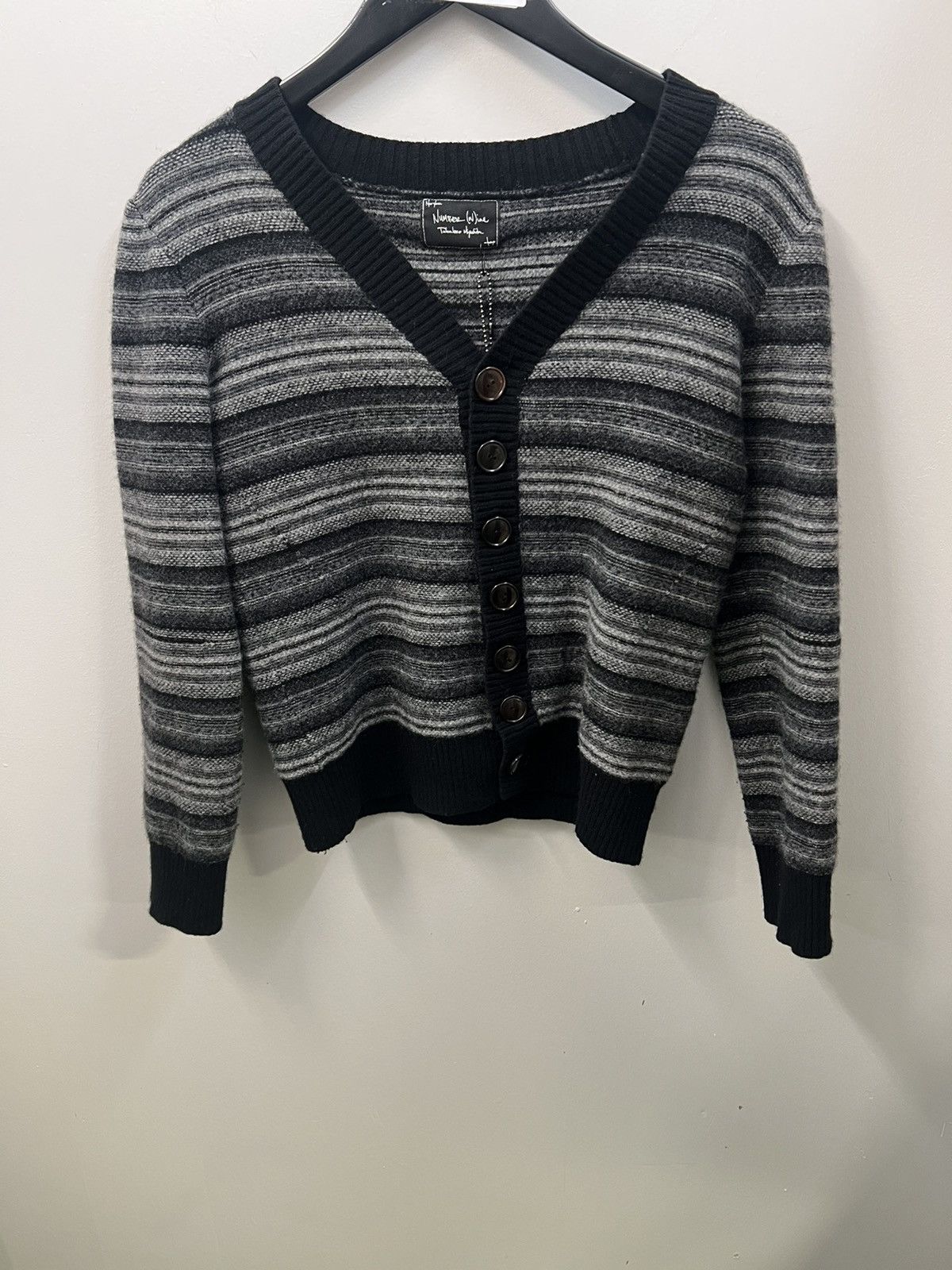 image of Number (N)Ine Striped Wool Knit Cardigan in Black, Women's (Size Small)
