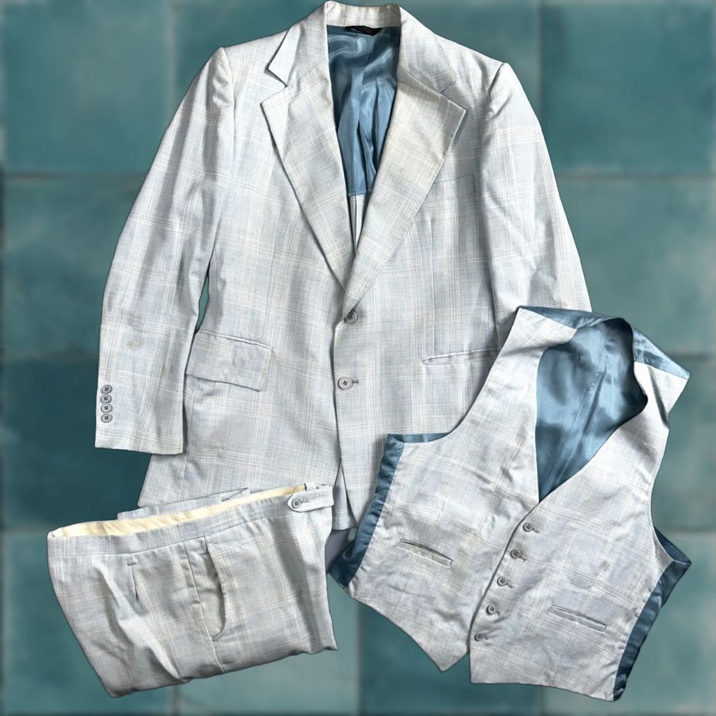 Vintage VTG Mens 3 PC Suit Jacket Coat Pants Vest Plaid Rockabilly 70s 44 Blue Size 44R - 1 Thumbnail