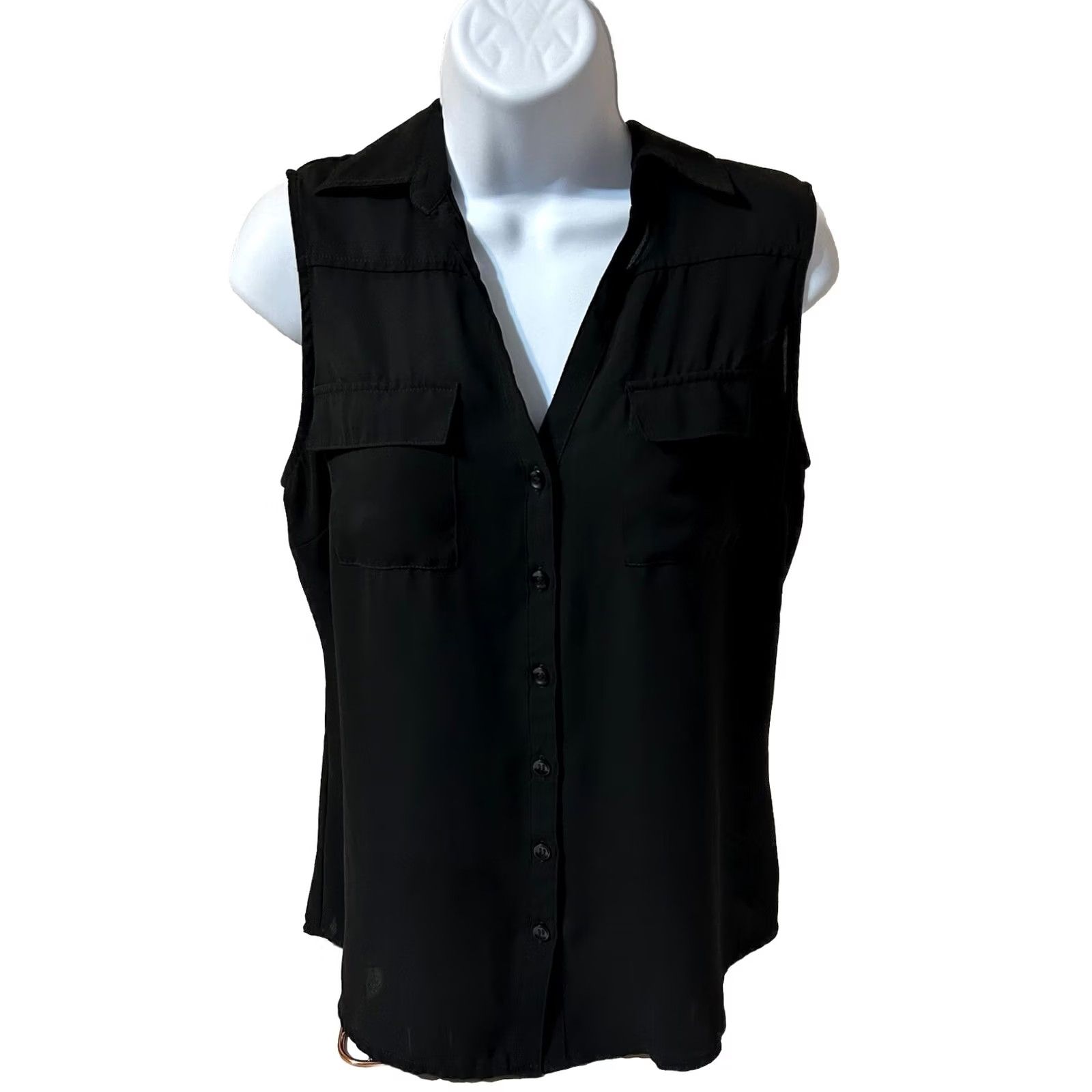 Vintage New York & Company Sleeveless Blouse Women Small Black Button Up V Neck Size S / US 4 / IT 40 - 3 Thumbnail