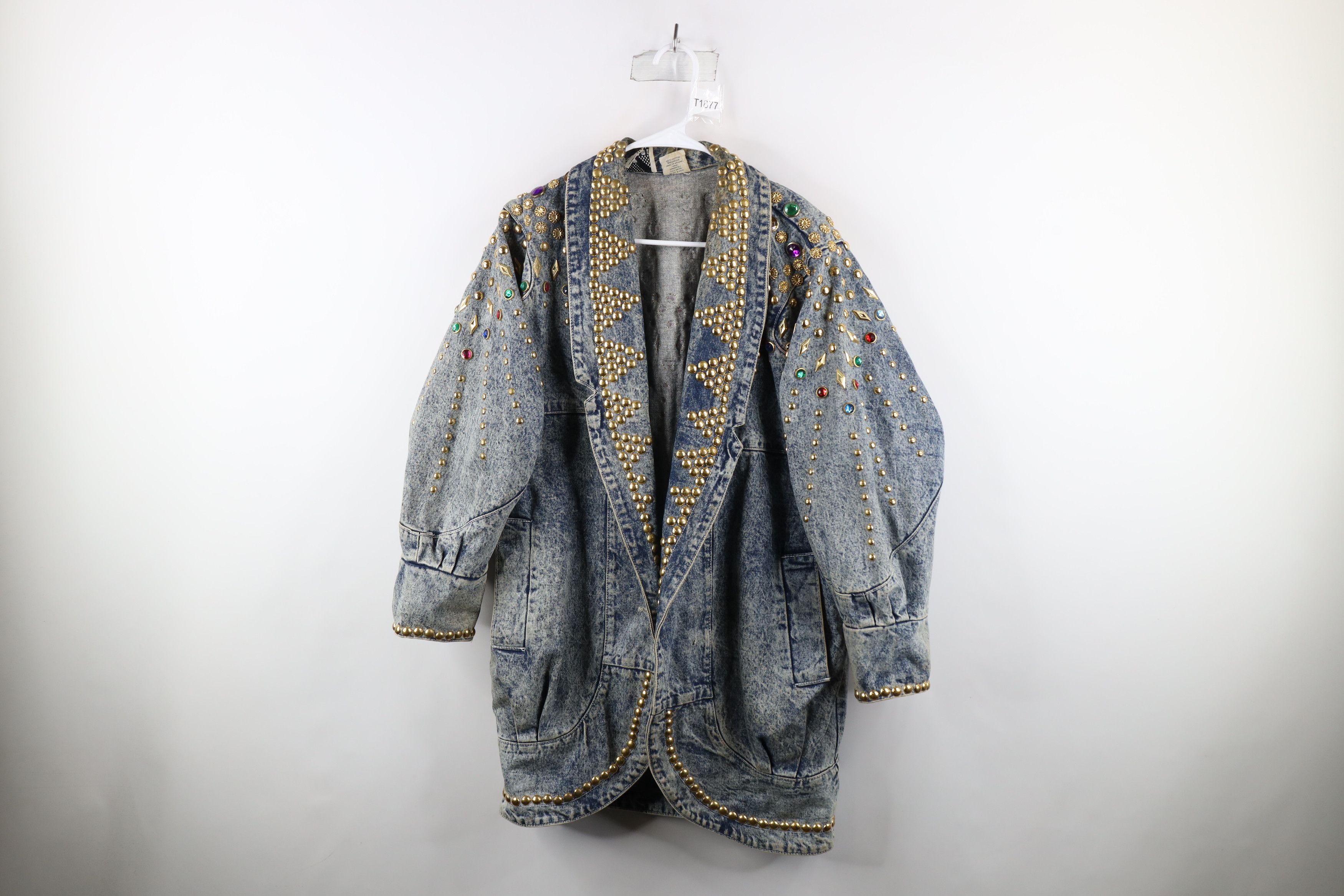 image of Vintage 90's Streetwear Acid Wash Studded Denim Jean Jacket in Blue, Women's (Size Small)