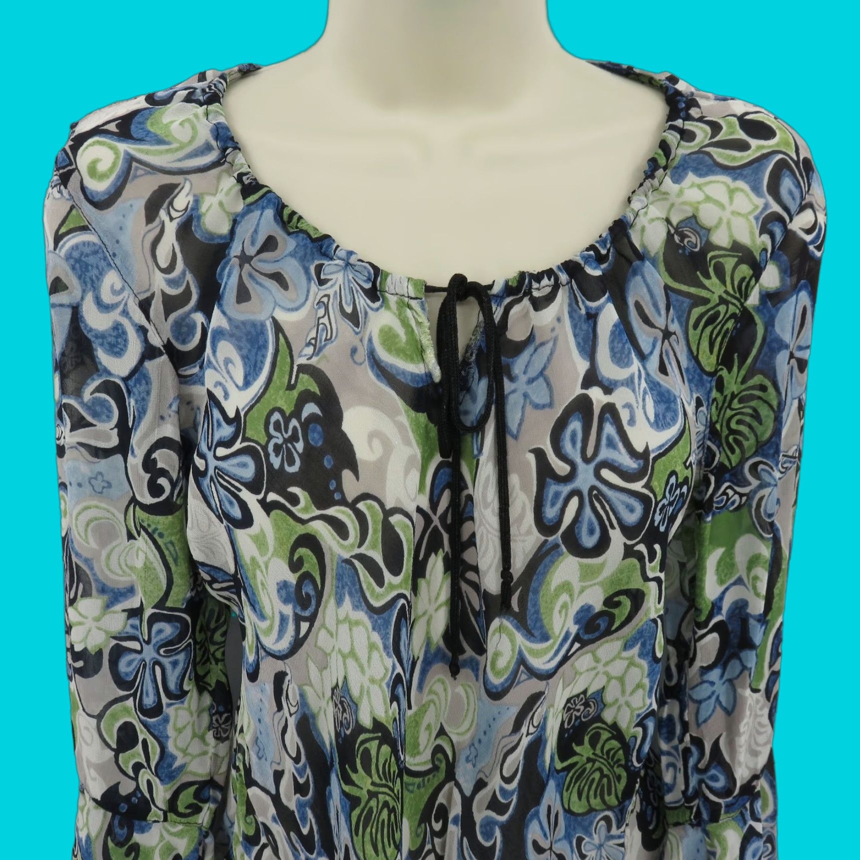 Vintage VINTAGE Angie Blouse Shirt Womens Large L Blue Green Black Floral Hippie Sheer Paisley Pattern Pinup Style 90s Size L / US 10 / IT 46 - 1 Thumbnail
