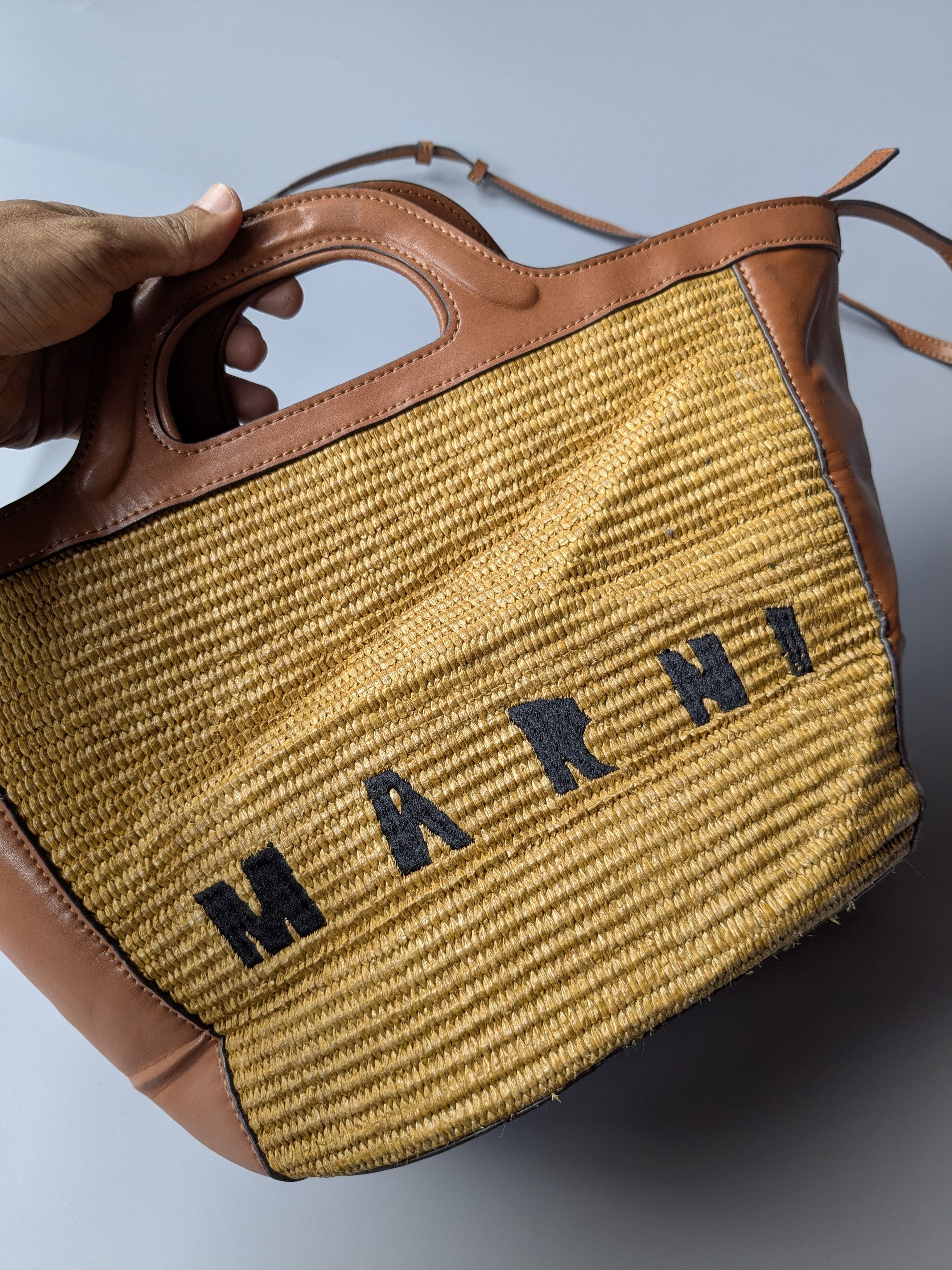 Marni Marni Tropicalia brown leather raffia effect fabric bag Size ONE SIZE - 4 Thumbnail