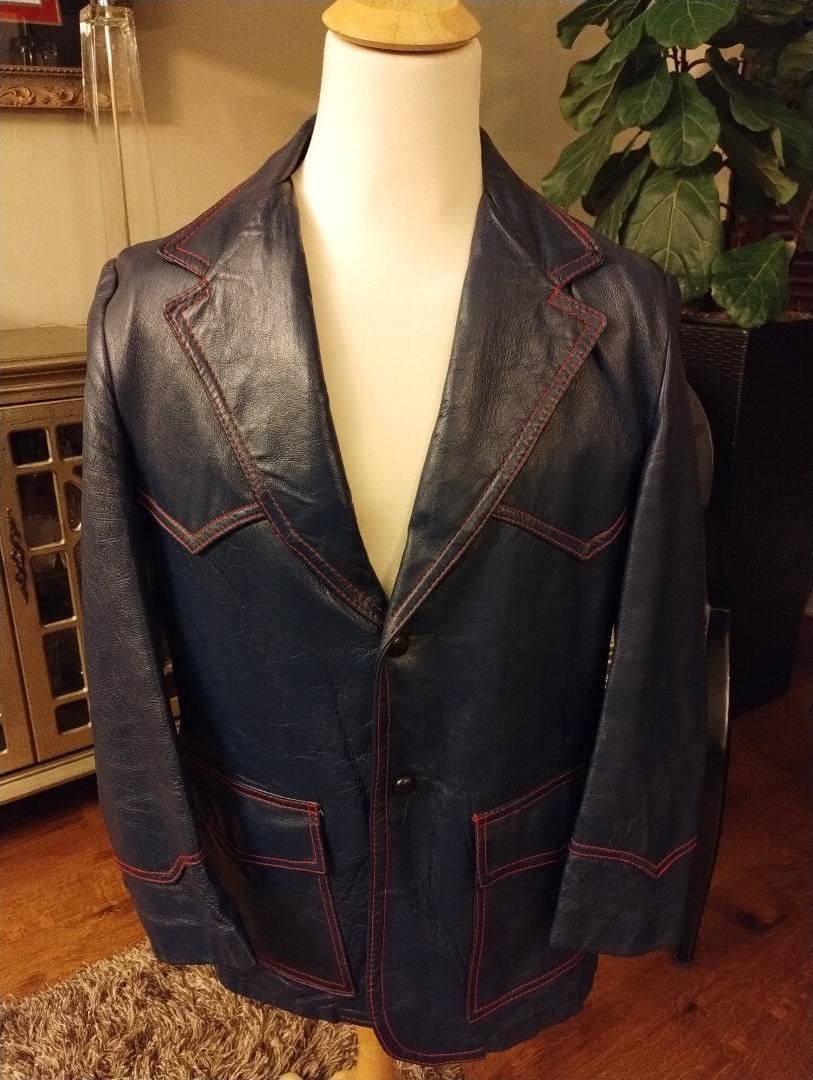 image of Vintage 70's Grais Genuine Men's Mod Leather Jacket in Blue (Size XS)