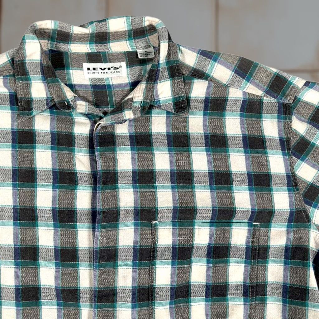 Levi's VINTAGE Levi's Shirt Adult LARGE Gray Green Blue Plaid Grunge Button-Down 90s Mens Size US L / EU 52-54 / 3 - 1 Thumbnail
