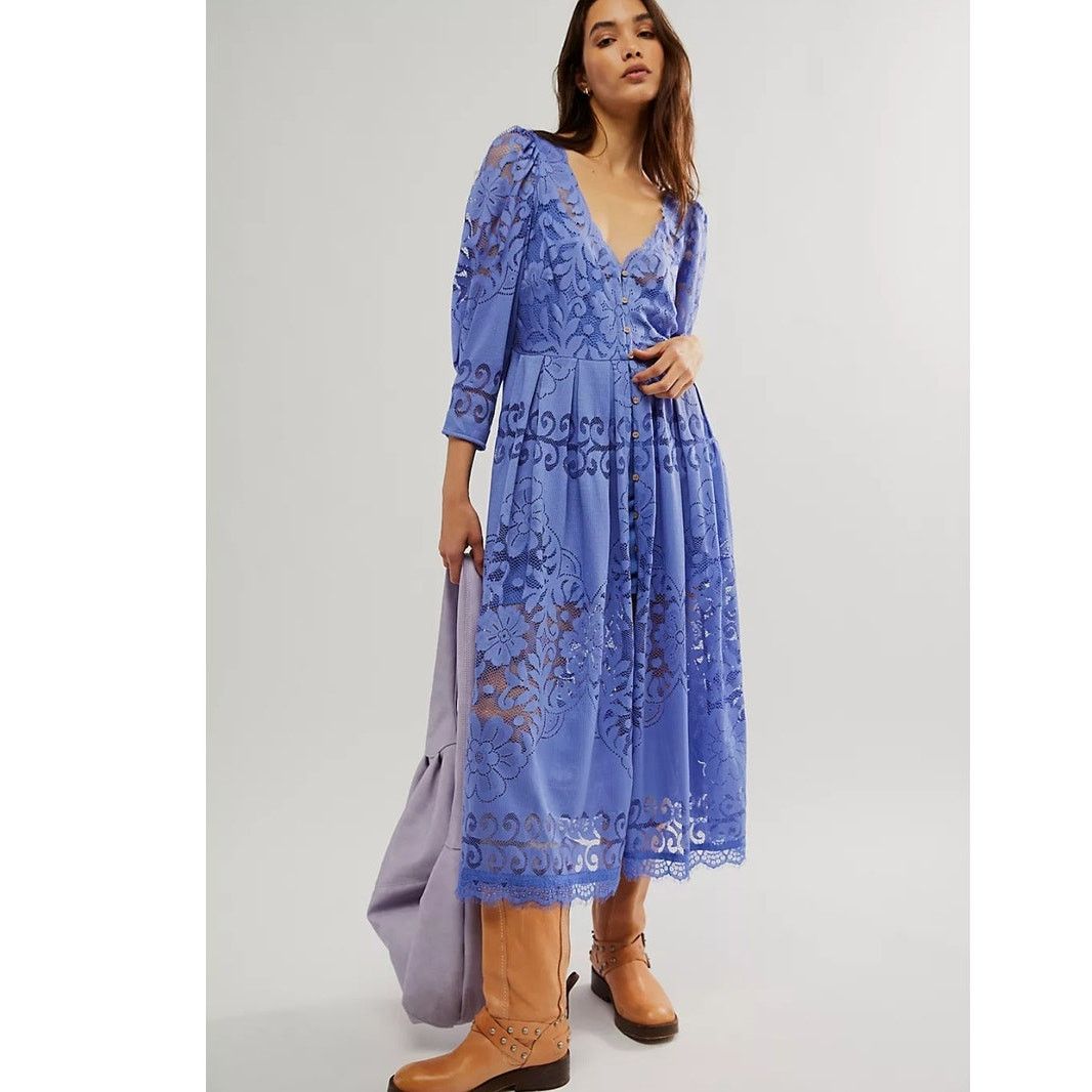 Free People New FREE PEOPLE Shadow Dance Midi Dress $198 X-SMALL Blue Size XS / US 0-2 / IT 36-38 - 1 Thumbnail