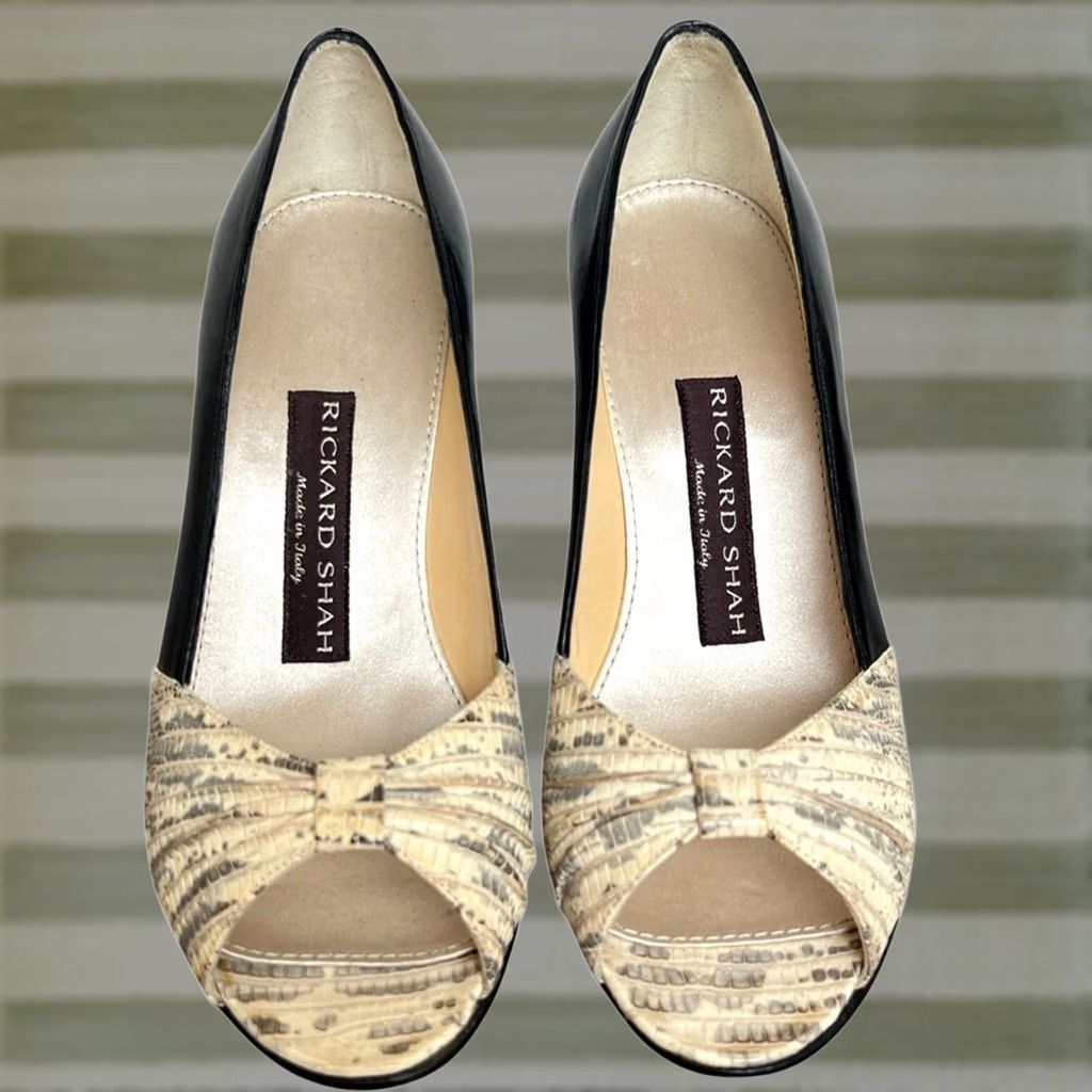 Vintage Rickard Shah Charlene Open Toe Pumps Black Snakeskin 36.5 Made in Italy Pump Women Size US 6 / IT 36 - 1 Thumbnail