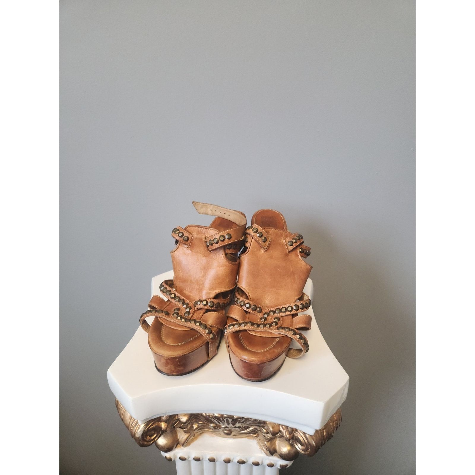 Frye Frye Tan Leather Wedge Sandals 11 NWOT Rosy Honeycomb Tan Size US 11 / IT 41 - 1 Thumbnail