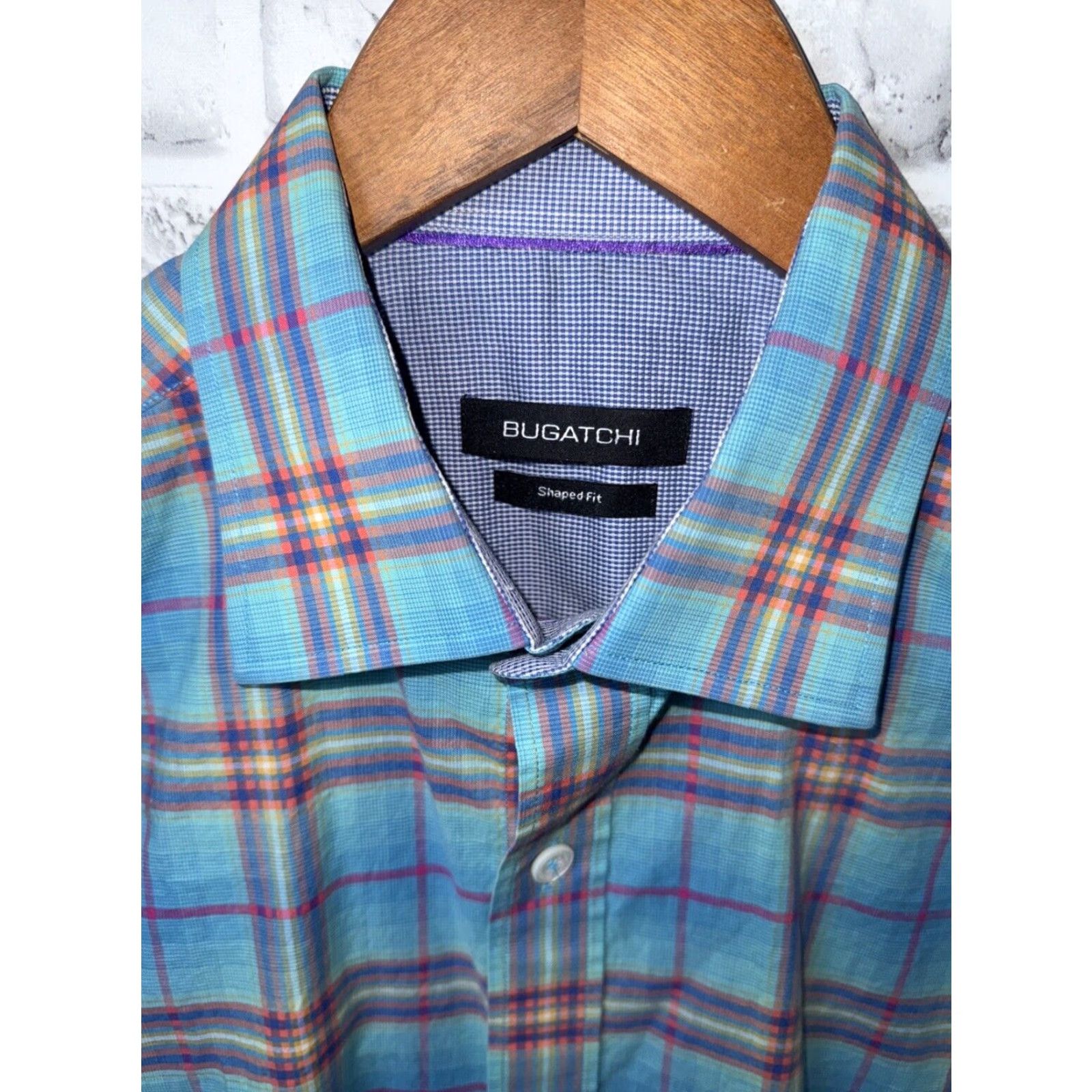 BUGATCHI Bugatchi Plaid Shaped Fit Button Down Mens Dress Shirt Blue Multi Color M Size 40R - 2 Thumbnail