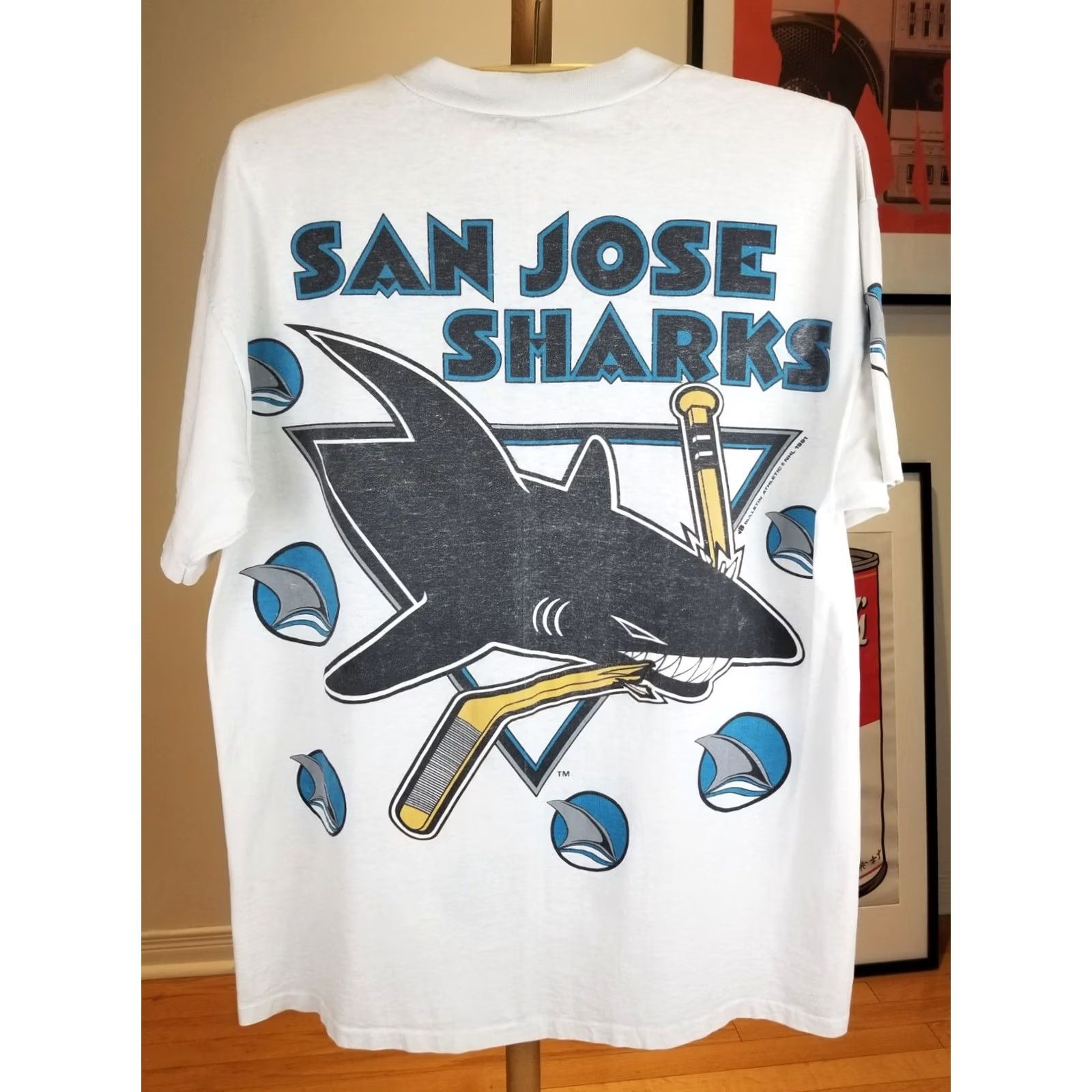 NHL VINTAGE 91' SAN JOSE SHARK NHL HOCKEY T-SHIRT 2 SIDE PRINT COTTON XLARGE White Mens Size US XL / EU 56 / 4 - 7 Thumbnail