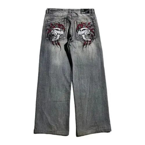 Jean Harajuku Skull Embroidery Retro Baggy Jeans Size US 31 - 6 Thumbnail