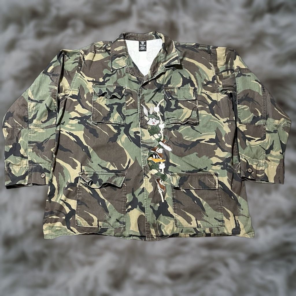 VINTAGE Looney Tunes Camouflage Jacket Men L Hip Multi-Color 1990s Warner Bros Marvin The Martian Leather Satin Flight/Bomber