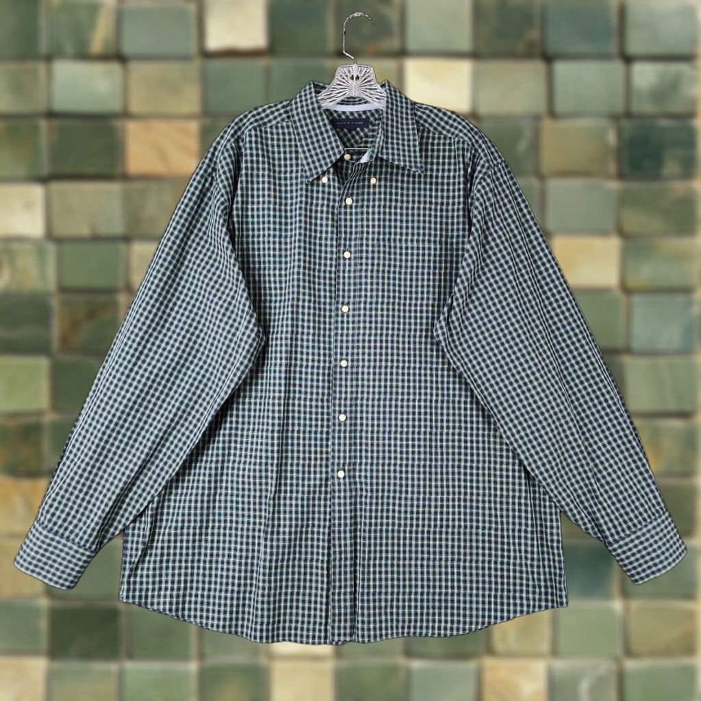 Tommy Hilfiger Tommy Hilfiger Shirt Men XL Button-Down Plaid Long Sleeve Dress Shirt Green Blue Mens Size 46R - 1 Thumbnail