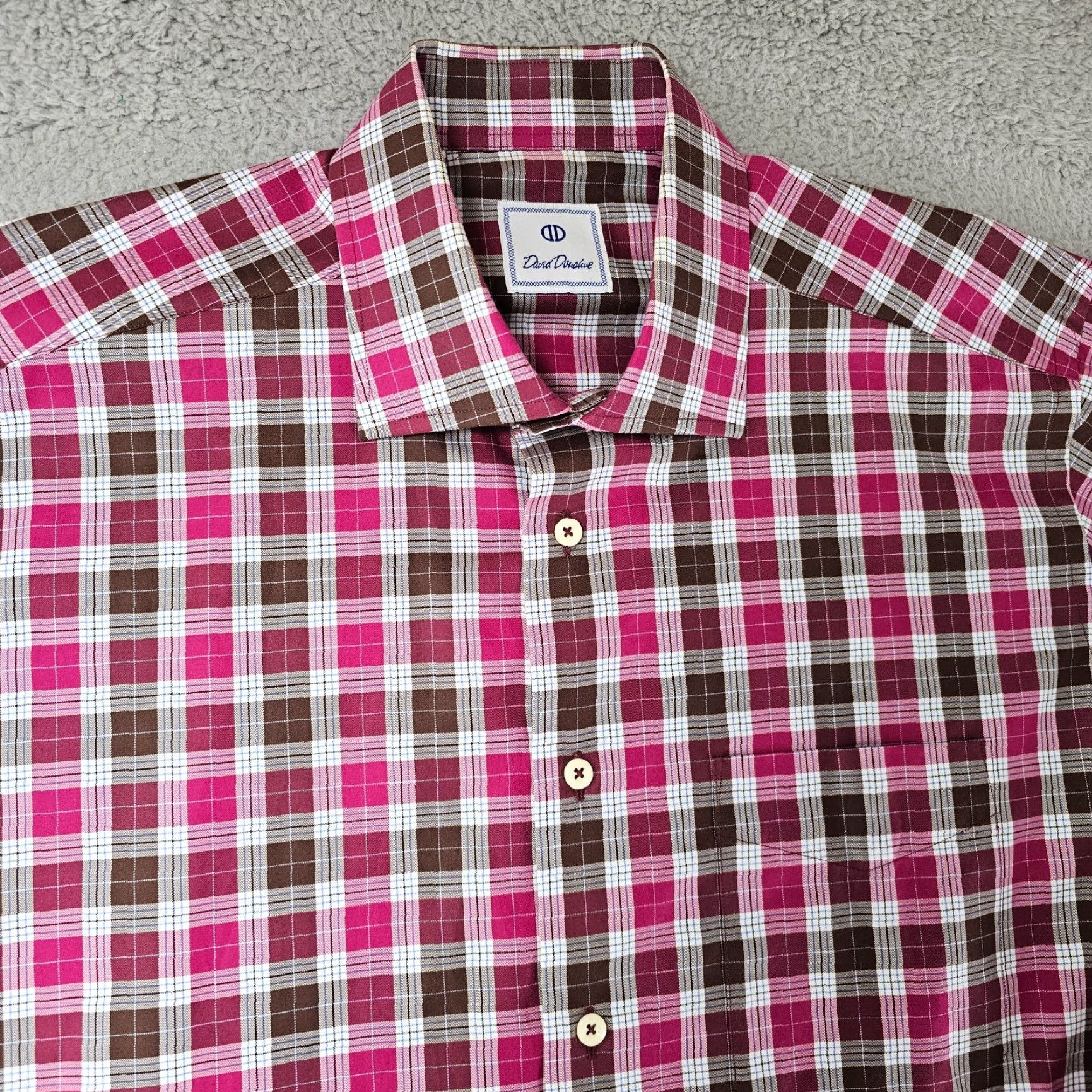 David Donahue David Donahue Dress Shirt Mens Large Brown Pink Check Woven Cotton Long Sleeve Size 42R - 2 Thumbnail
